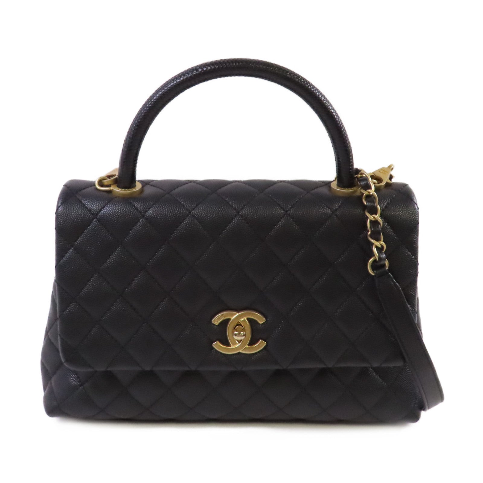 CHANEL 菱格Caviar皮革/蜥蝪皮革CoCo Handle 2Way Chain Shoulder Bag金扣手挽肩背兩用袋黑色