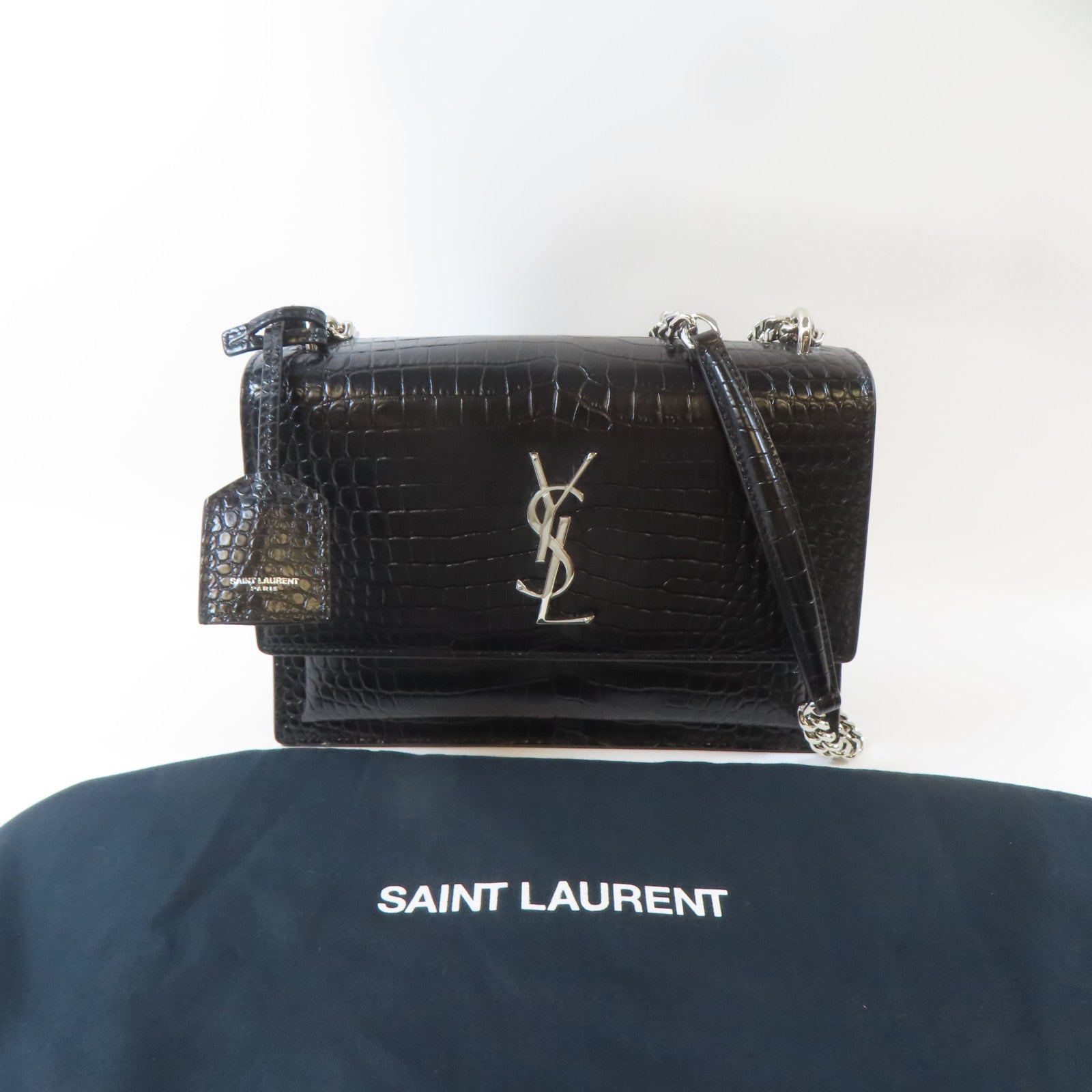 SAINT LAURENT 牛皮皮革Sunset Medium in Crocodile Embossed銀扣鏈帶肩背袋黑色