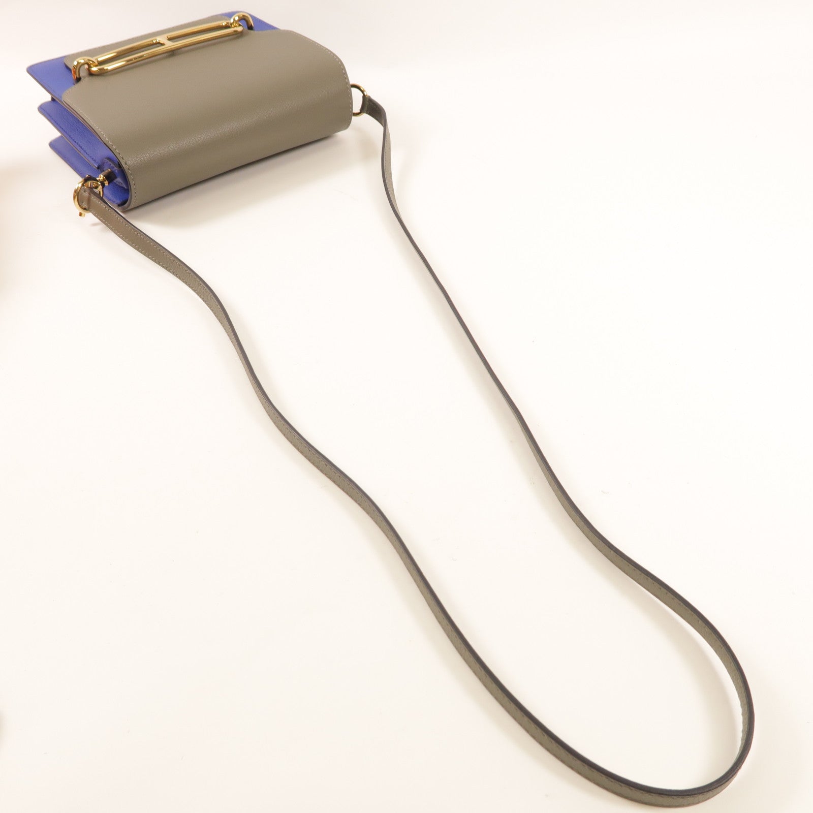 HERMES Evercolor皮革Mini Roulis金扣肩背袋灰色/藍色