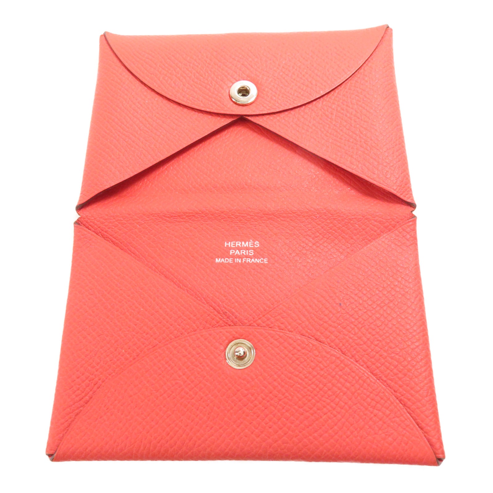 HERMES Epsom皮革Calvi銀扣卡片套Rouge Pivoine