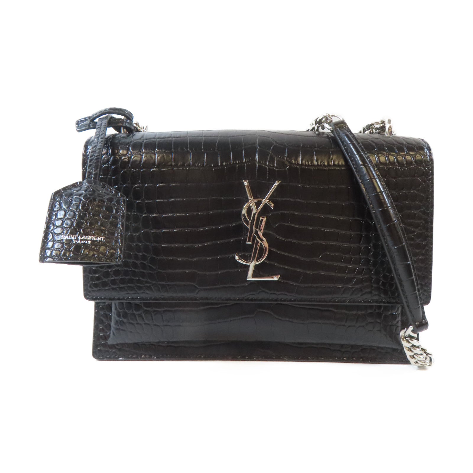 SAINT LAURENT 牛皮皮革Sunset Medium in Crocodile Embossed銀扣鏈帶肩背袋黑色
