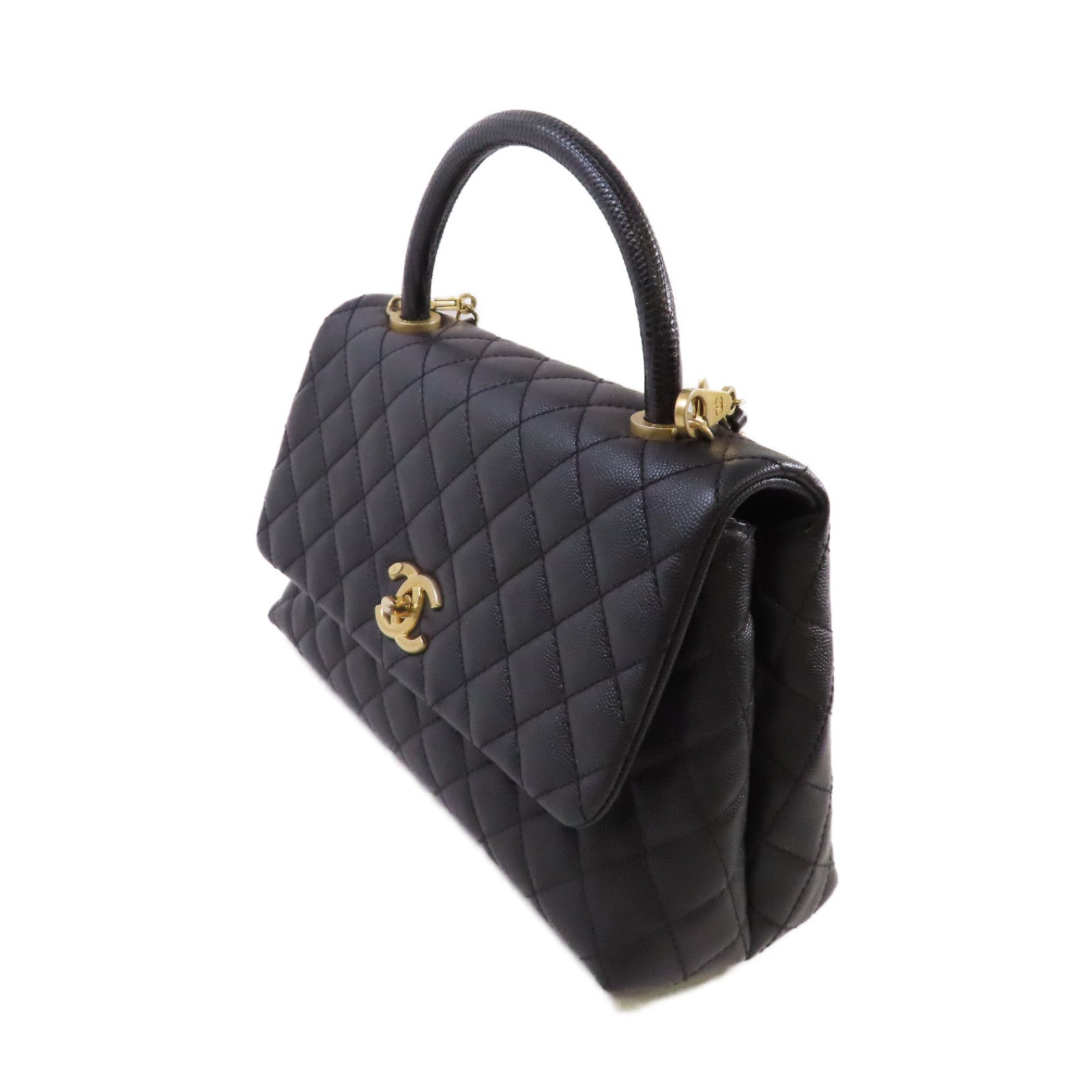 CHANEL 菱格Caviar皮革/蜥蝪皮革CoCo Handle 2Way Chain Shoulder Bag金扣手挽肩背兩用袋黑色
