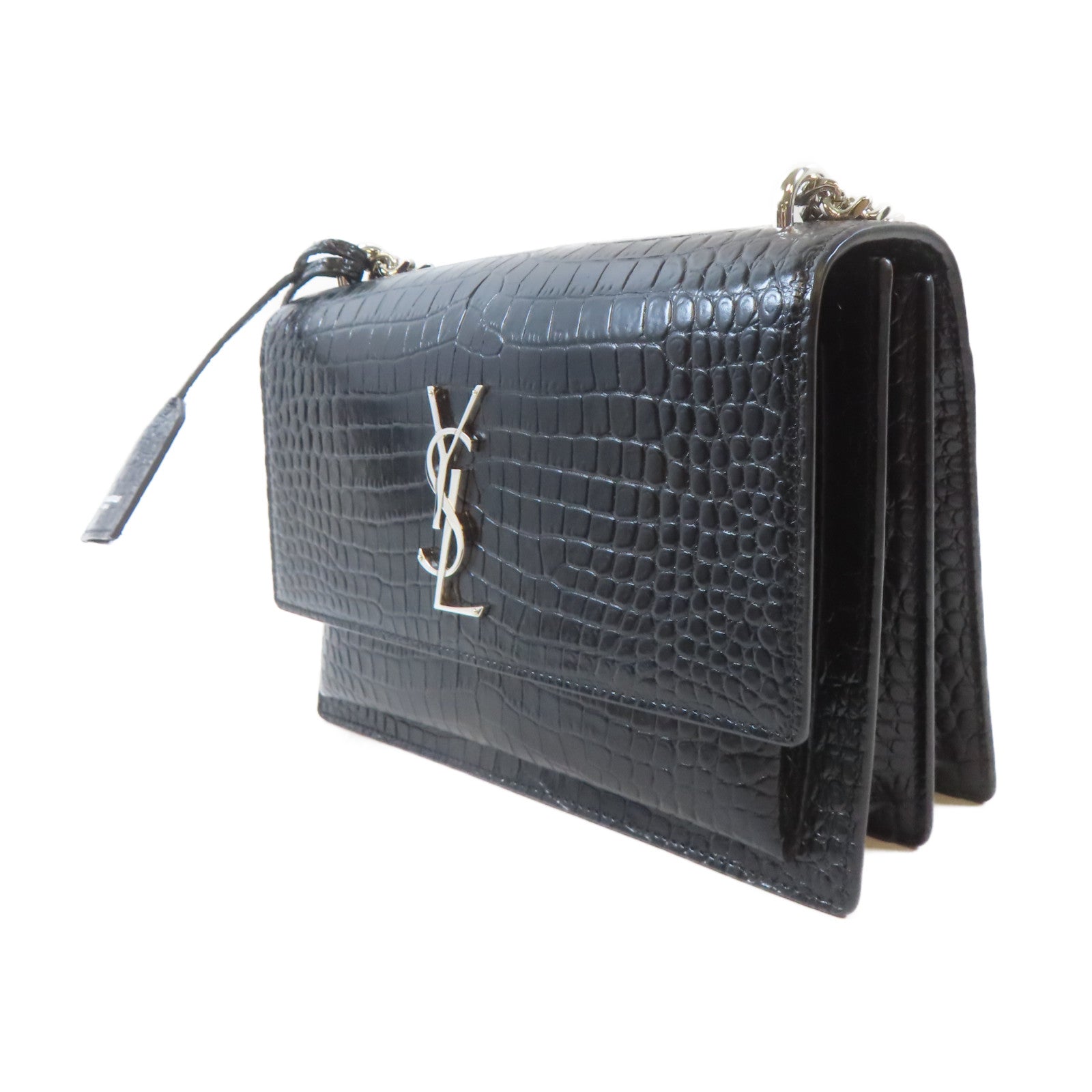 SAINT LAURENT 牛皮皮革Sunset Medium in Crocodile Embossed銀扣鏈帶肩背袋黑色