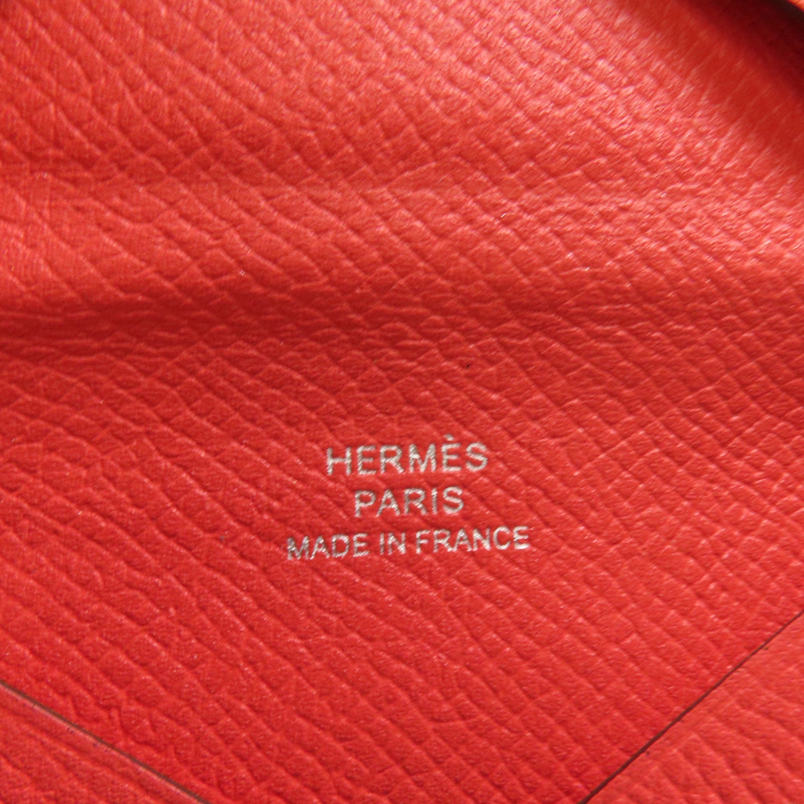 HERMES Epsom皮革Calvi銀扣卡片套Rouge Pivoine