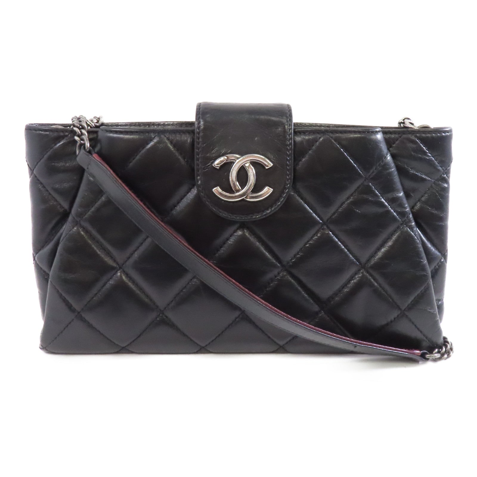 CHANEL 菱格牛皮皮革Chain Shoulder Bag銀扣肩背袋黑色
