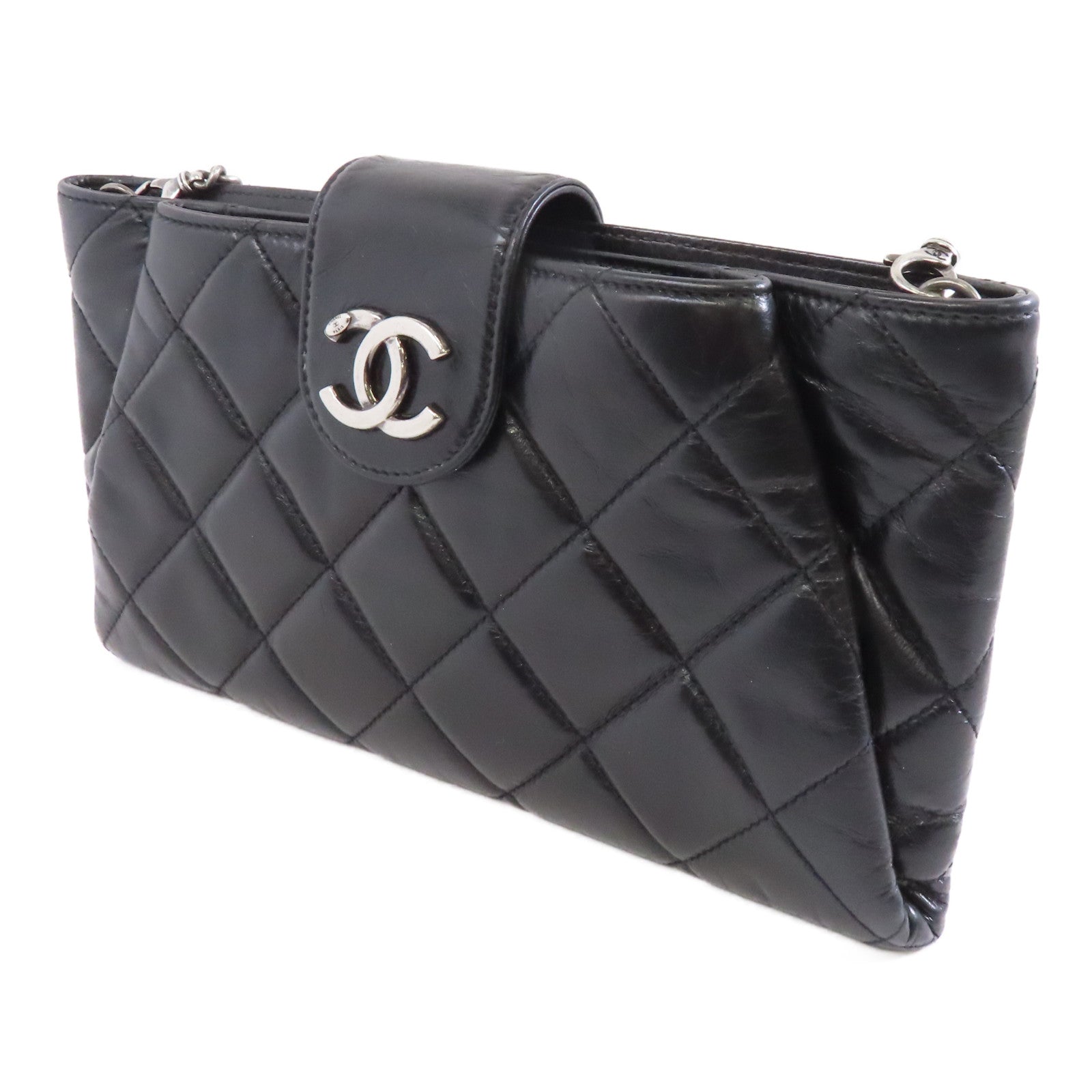 CHANEL 菱格牛皮皮革Chain Shoulder Bag銀扣肩背袋黑色