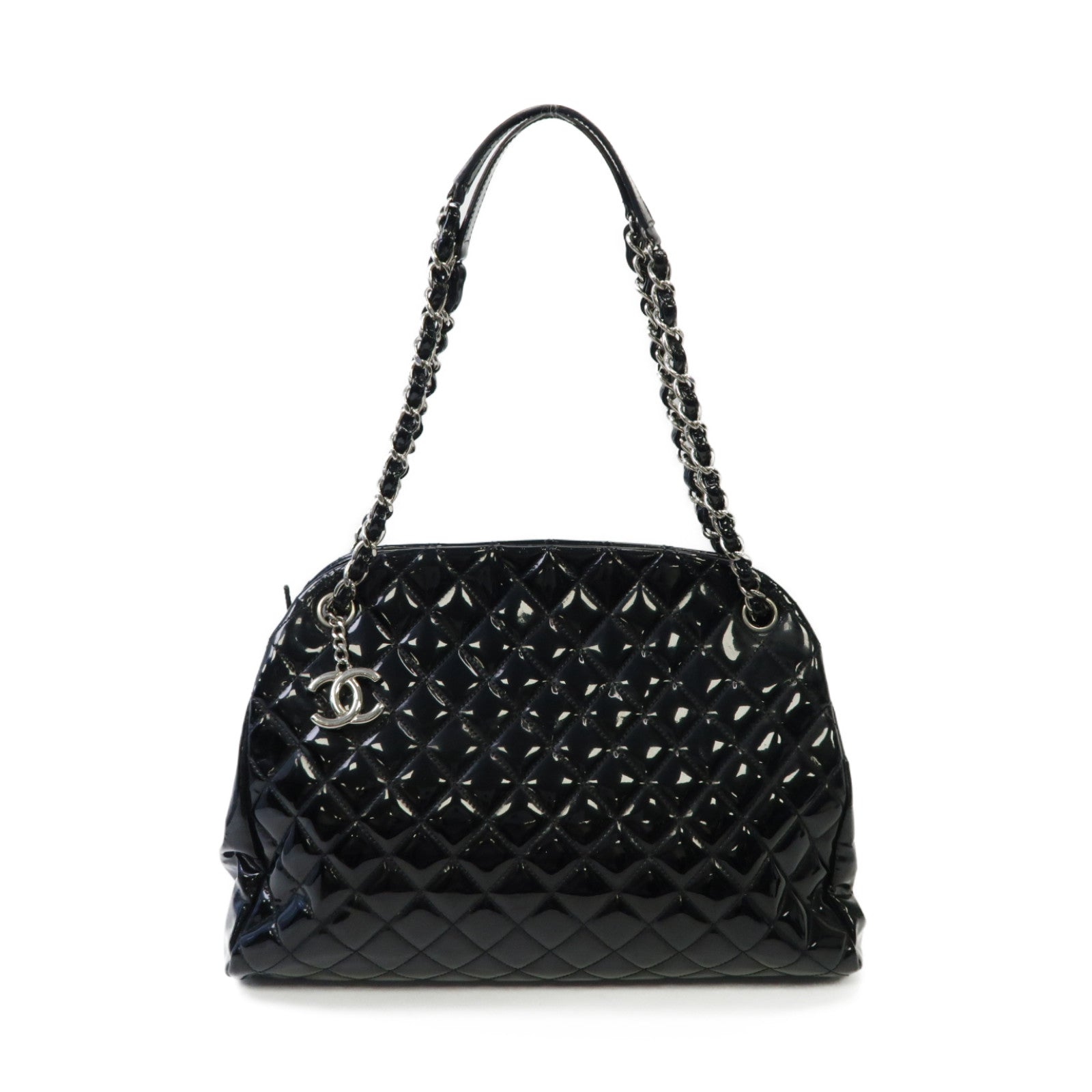 CHANEL **【激減優惠】菱格漆皮皮革Chain Shoulder Bag銀扣鏈帶肩背袋黒色