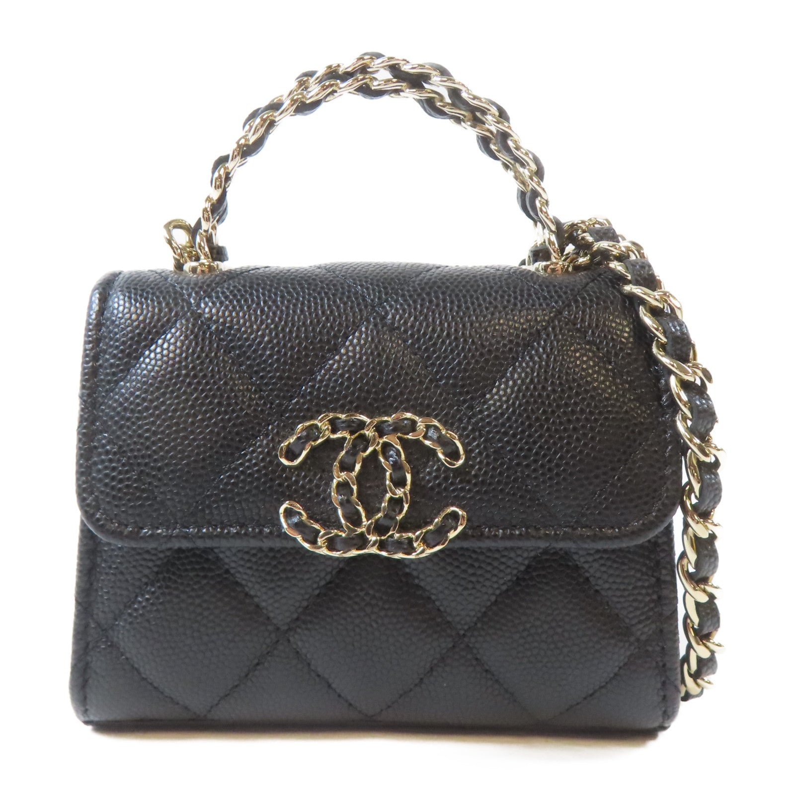 CHANEL 菱格Caviar皮革Mini Kelly Bag金扣鏈帶肩背袋黑色