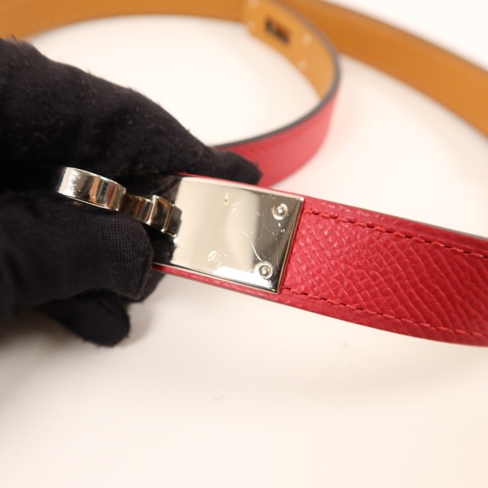 HERMES Epsom皮革Kelly Belt 18銀扣皮帶Rose Pourpre