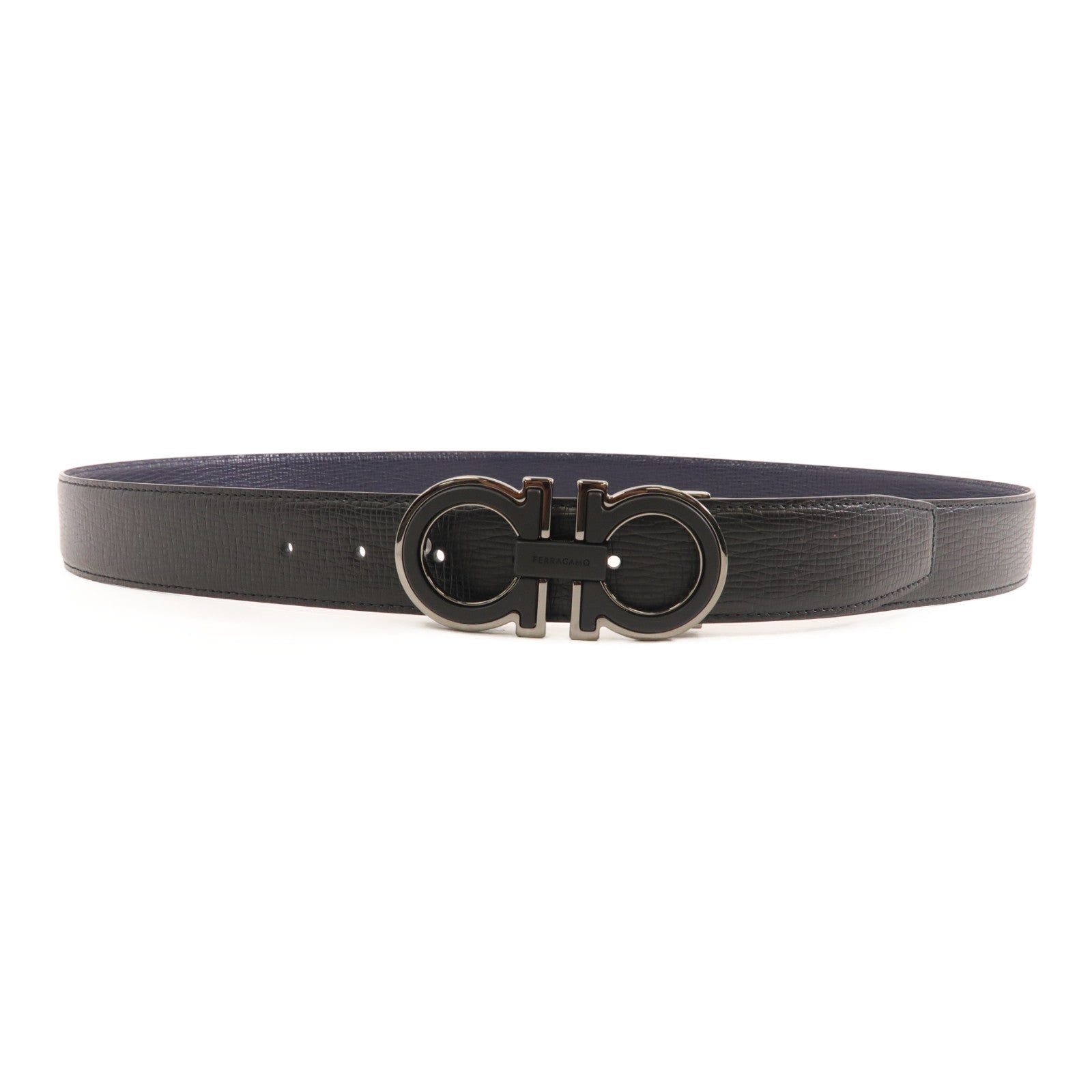 Salvatore Ferragamo 皮革Belt銀扣皮帶黑色/深藍色
