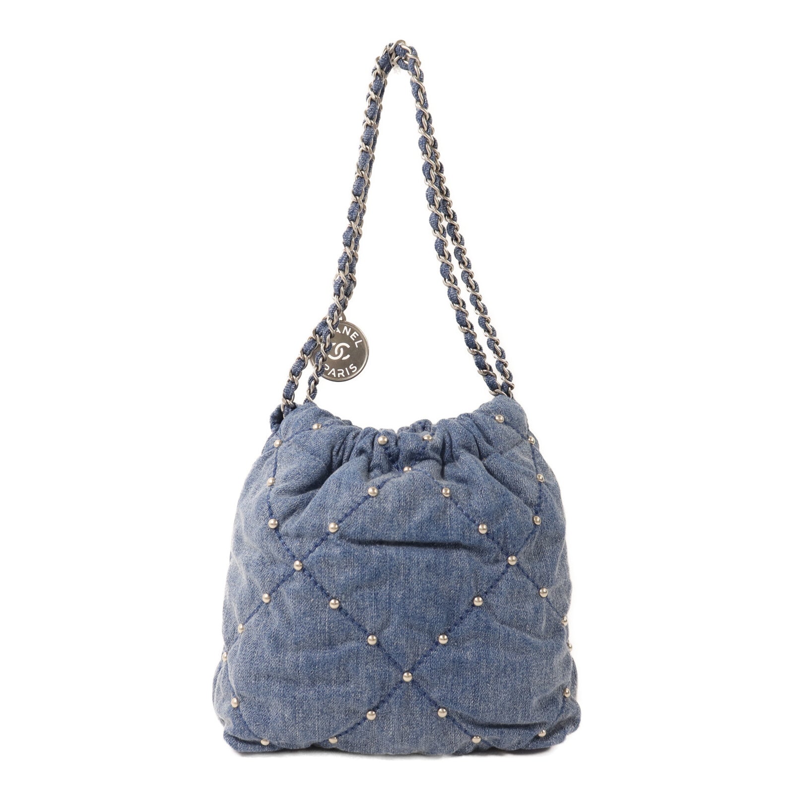 CHANEL 牛仔布Chanel 22 Mini銀扣鏈帶肩背袋