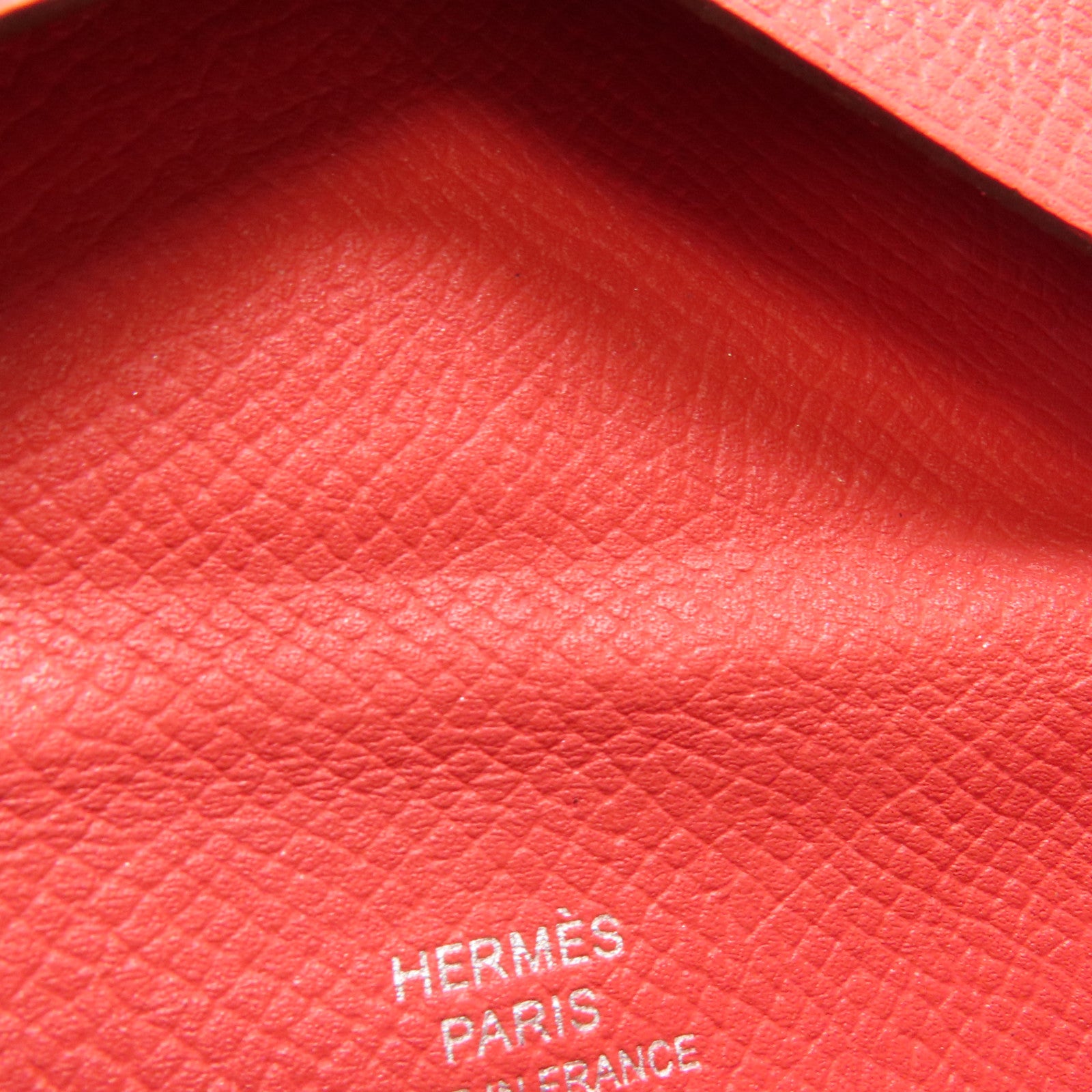 HERMES Epsom皮革Calvi銀扣卡片套Rouge Pivoine