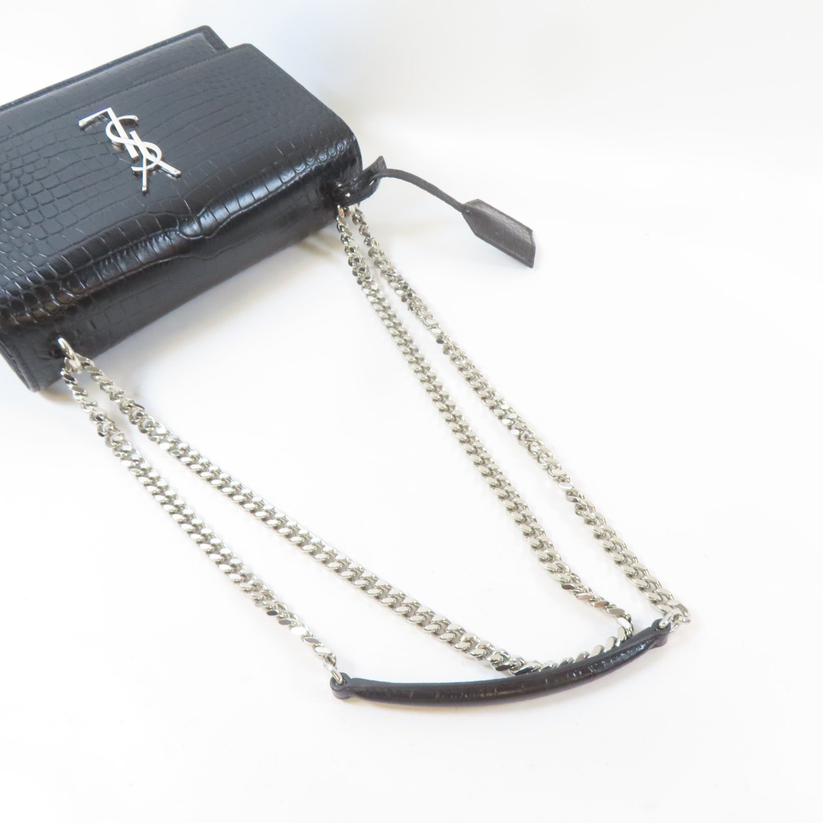 SAINT LAURENT 牛皮皮革Sunset Medium in Crocodile Embossed銀扣鏈帶肩背袋黑色