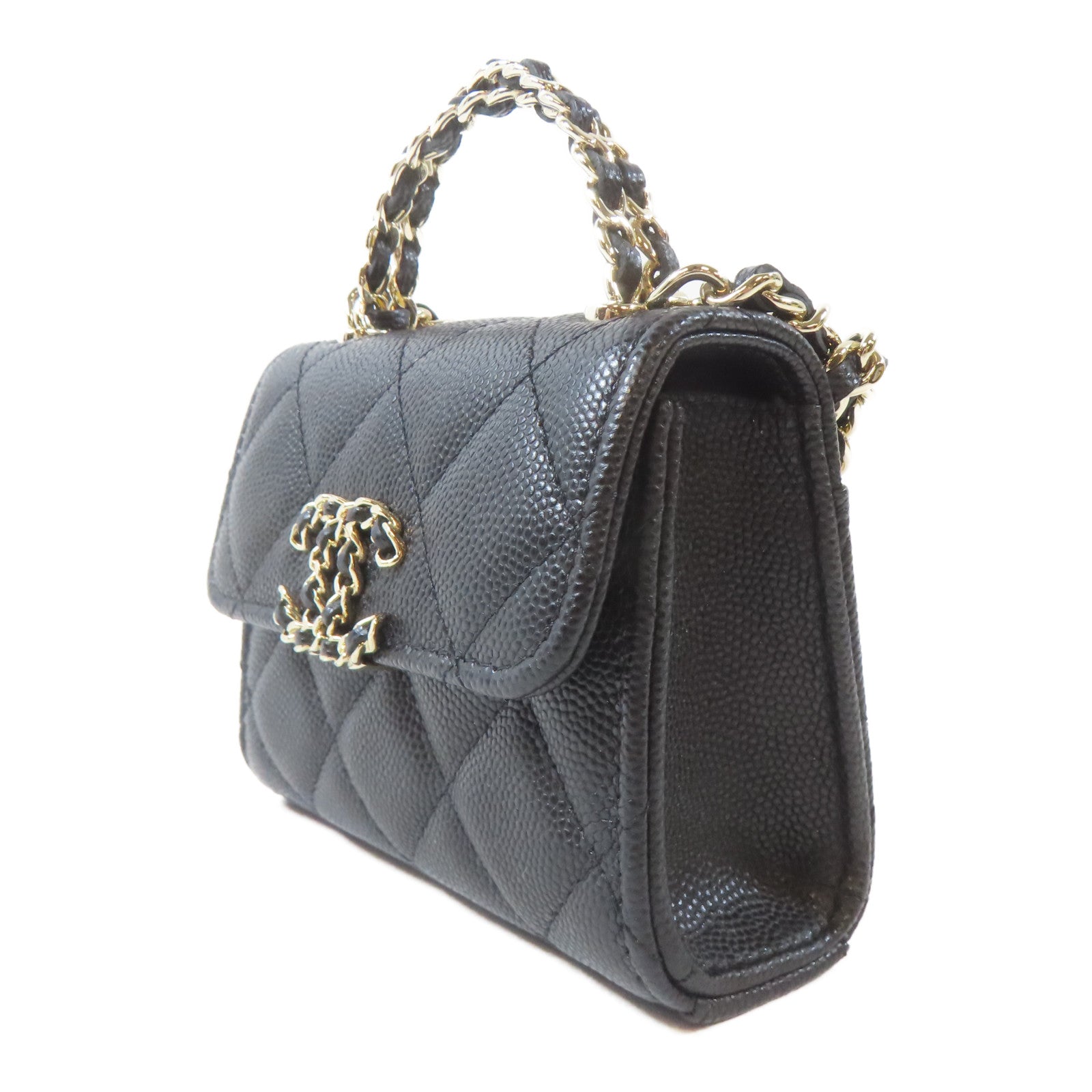 CHANEL 菱格Caviar皮革Mini Kelly Bag金扣鏈帶肩背袋黑色