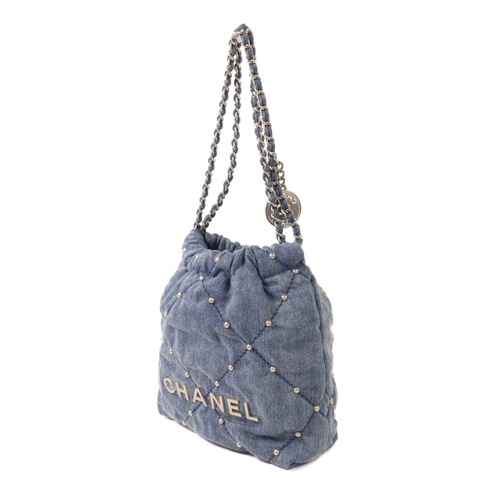 CHANEL 牛仔布Chanel 22 Mini銀扣鏈帶肩背袋