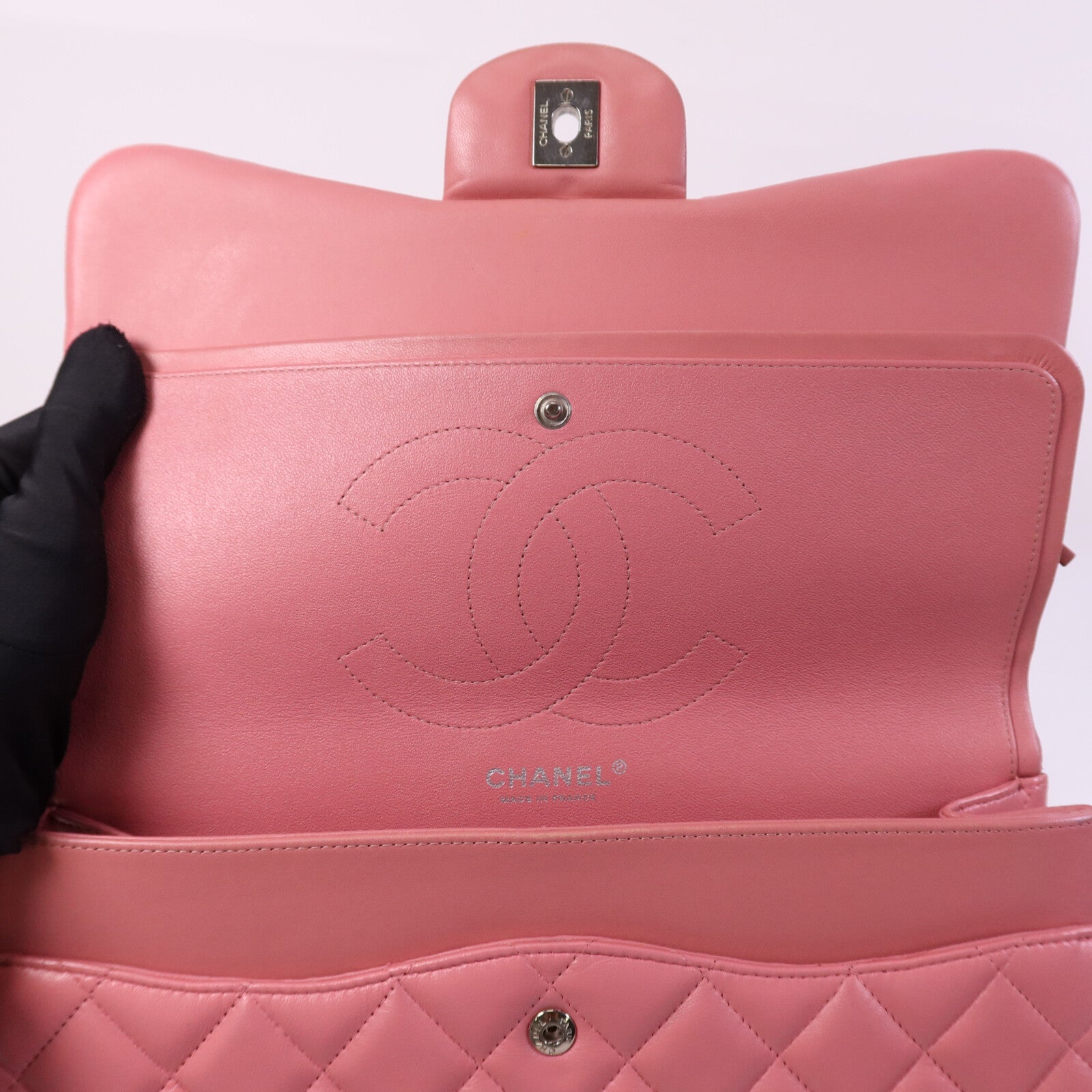 CHANEL 羊皮皮革Large Classic銀扣鏈帶肩背袋