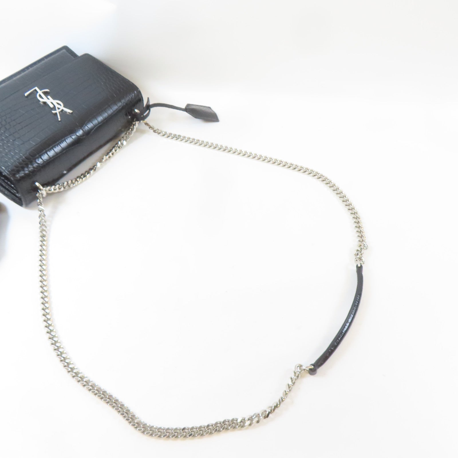 SAINT LAURENT 牛皮皮革Sunset Medium in Crocodile Embossed銀扣鏈帶肩背袋黑色