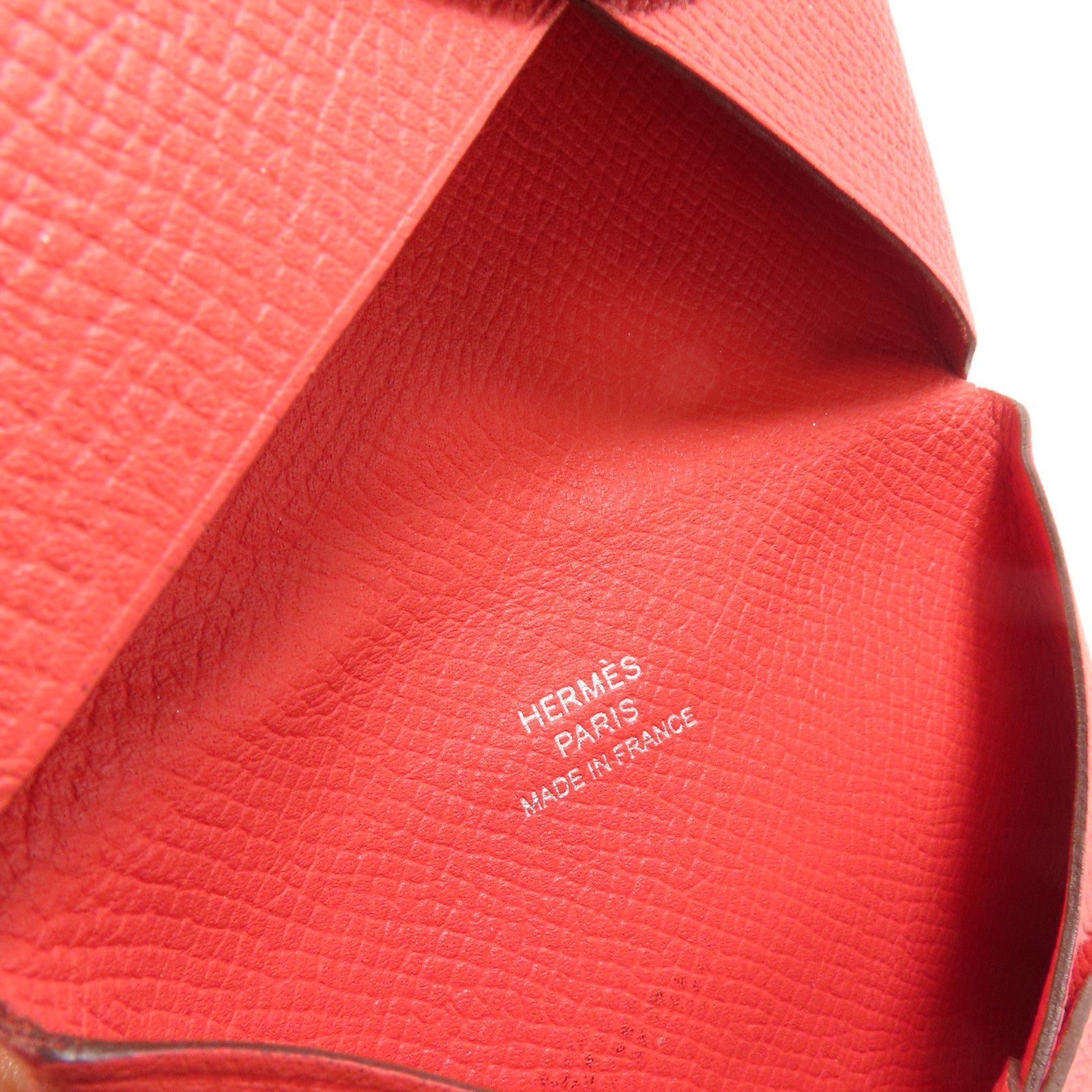 HERMES Epsom皮革Calvi銀扣卡片套Rouge Pivoine