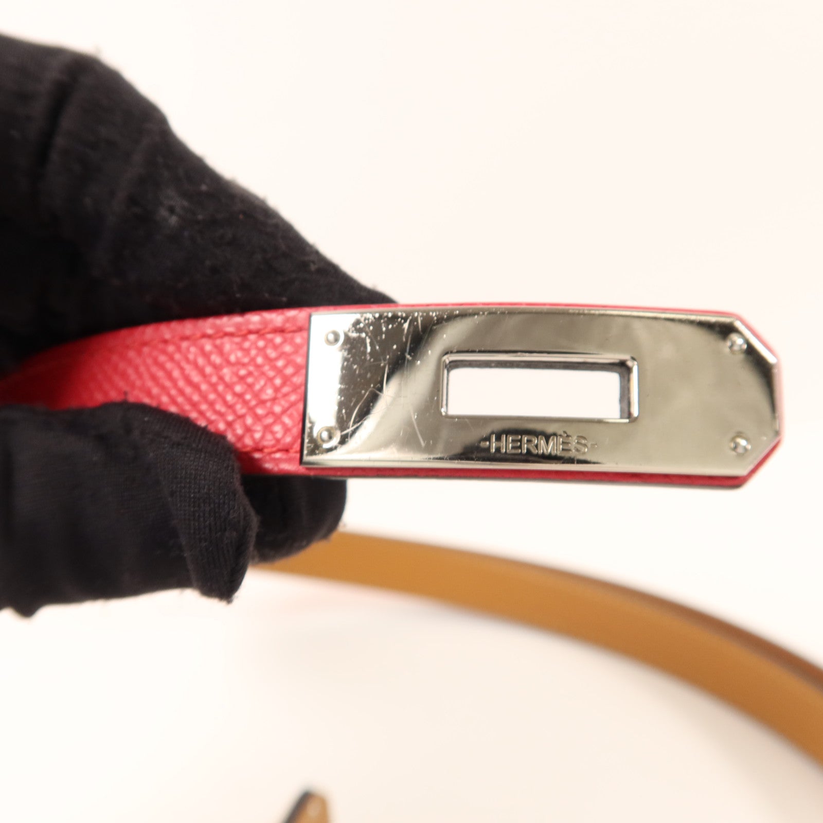HERMES Epsom皮革Kelly Belt 18銀扣皮帶Rose Pourpre
