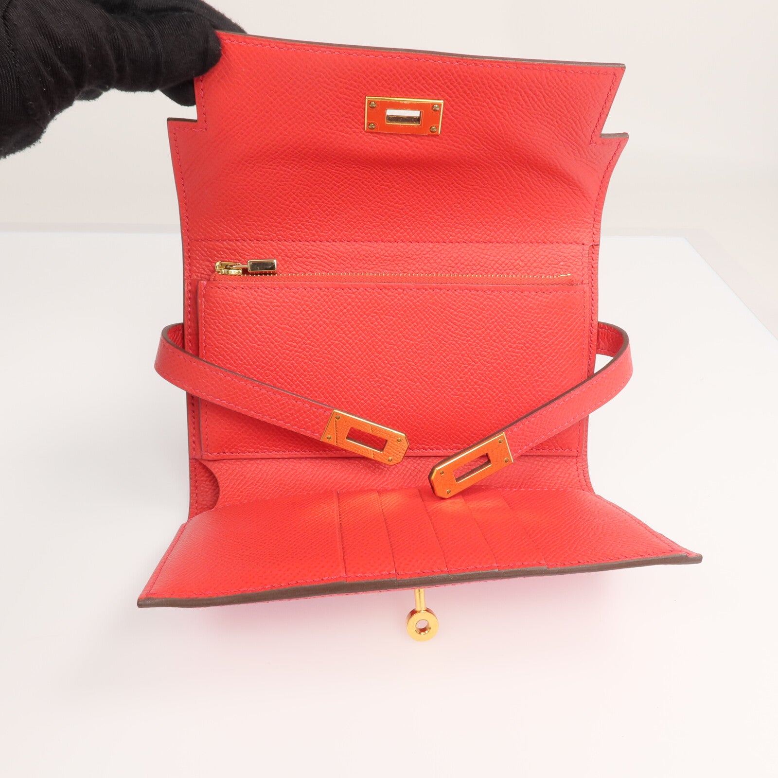 HERMES Epsom皮革Kelly Short Wallet金扣錢包Rouge de Coeur