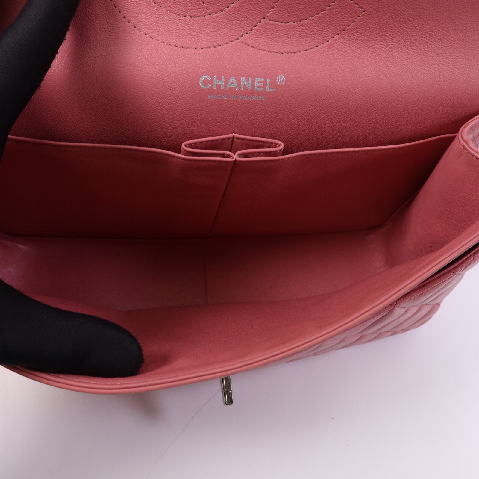 CHANEL 羊皮皮革Large Classic銀扣鏈帶肩背袋