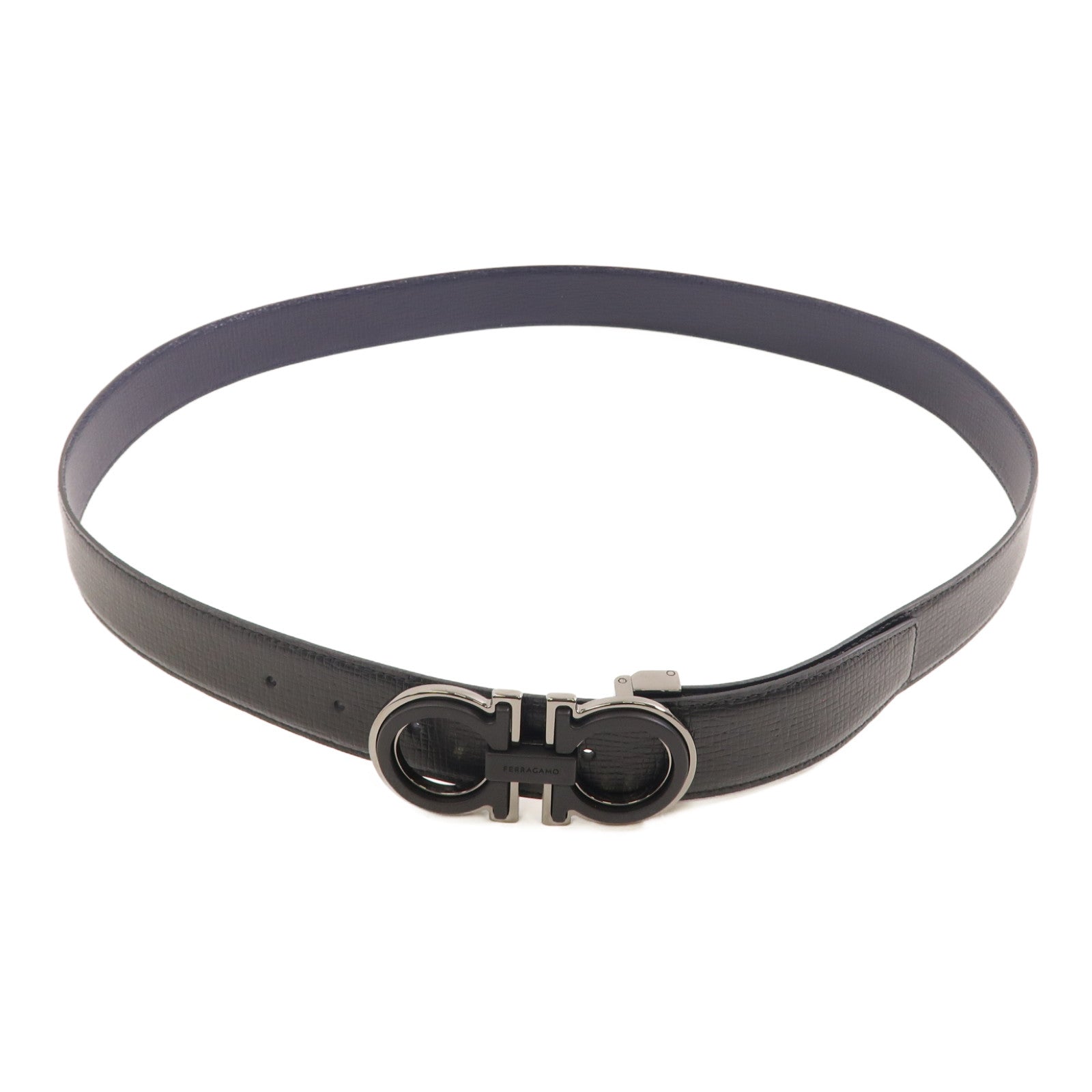Salvatore Ferragamo 皮革Belt銀扣皮帶黑色/深藍色