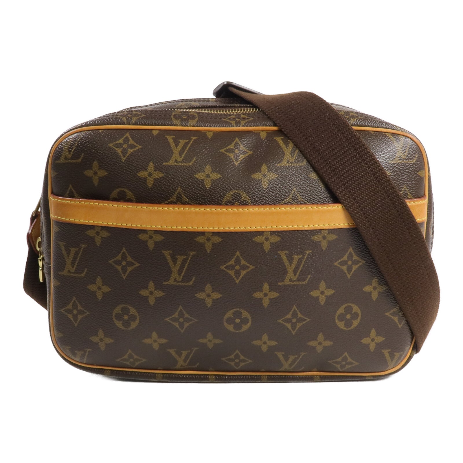LOUIS VUITTON Monogram Reporter PM金扣肩背袋棕色