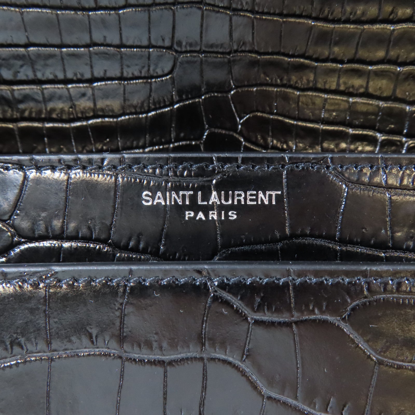 SAINT LAURENT 牛皮皮革Sunset Medium in Crocodile Embossed銀扣鏈帶肩背袋黑色