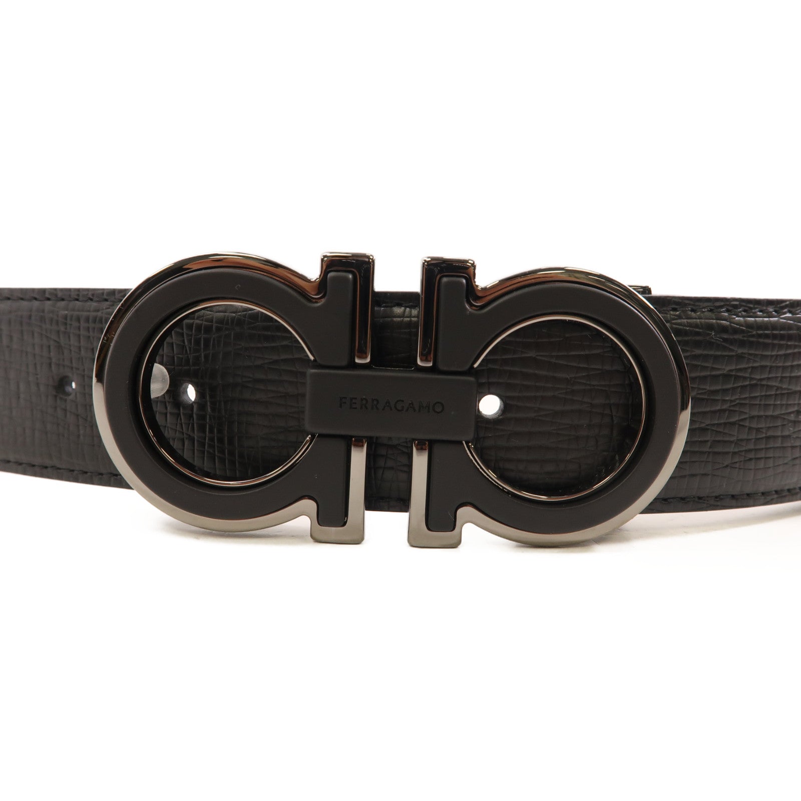 Salvatore Ferragamo 皮革Belt銀扣皮帶黑色/深藍色