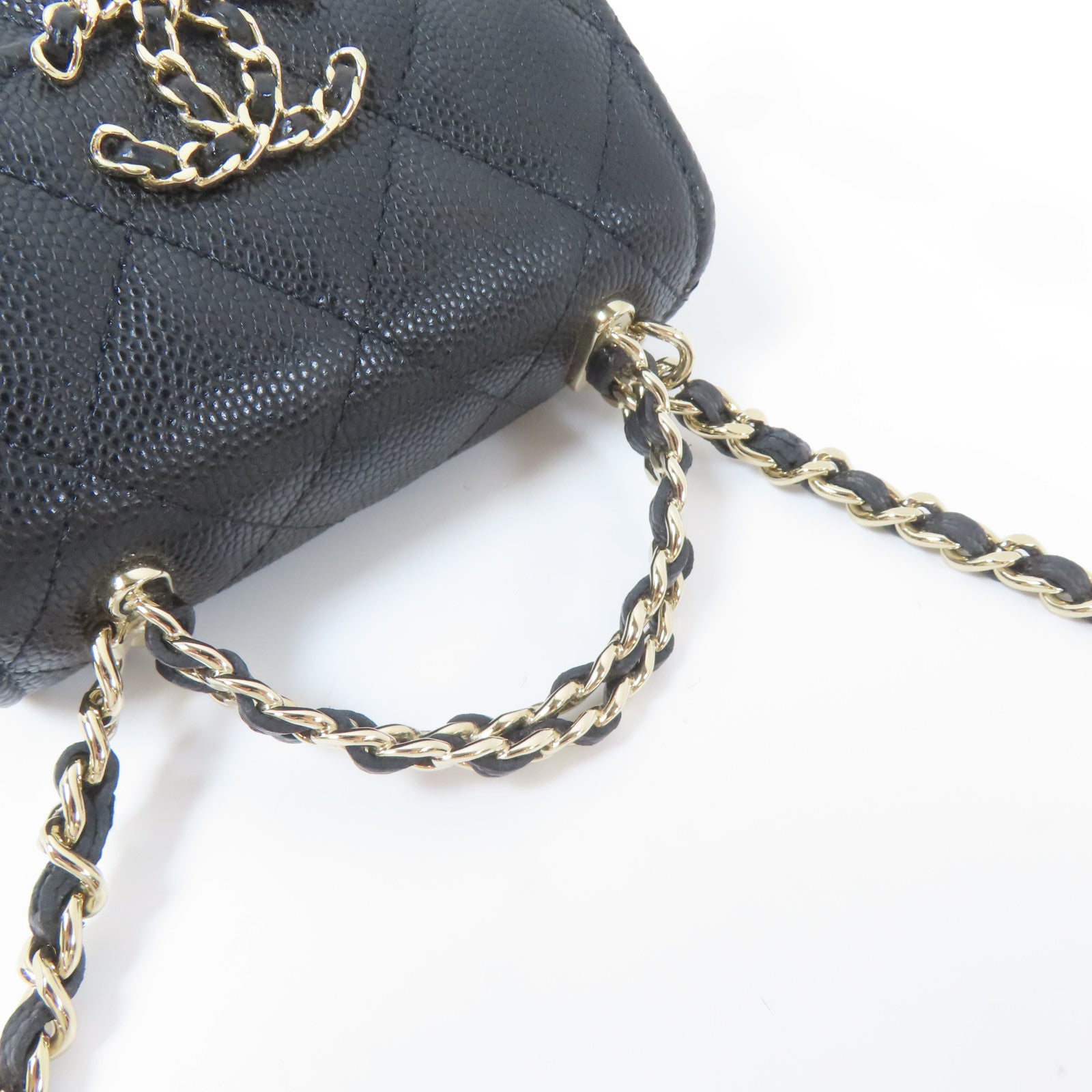 CHANEL 菱格Caviar皮革Mini Kelly Bag金扣鏈帶肩背袋黑色