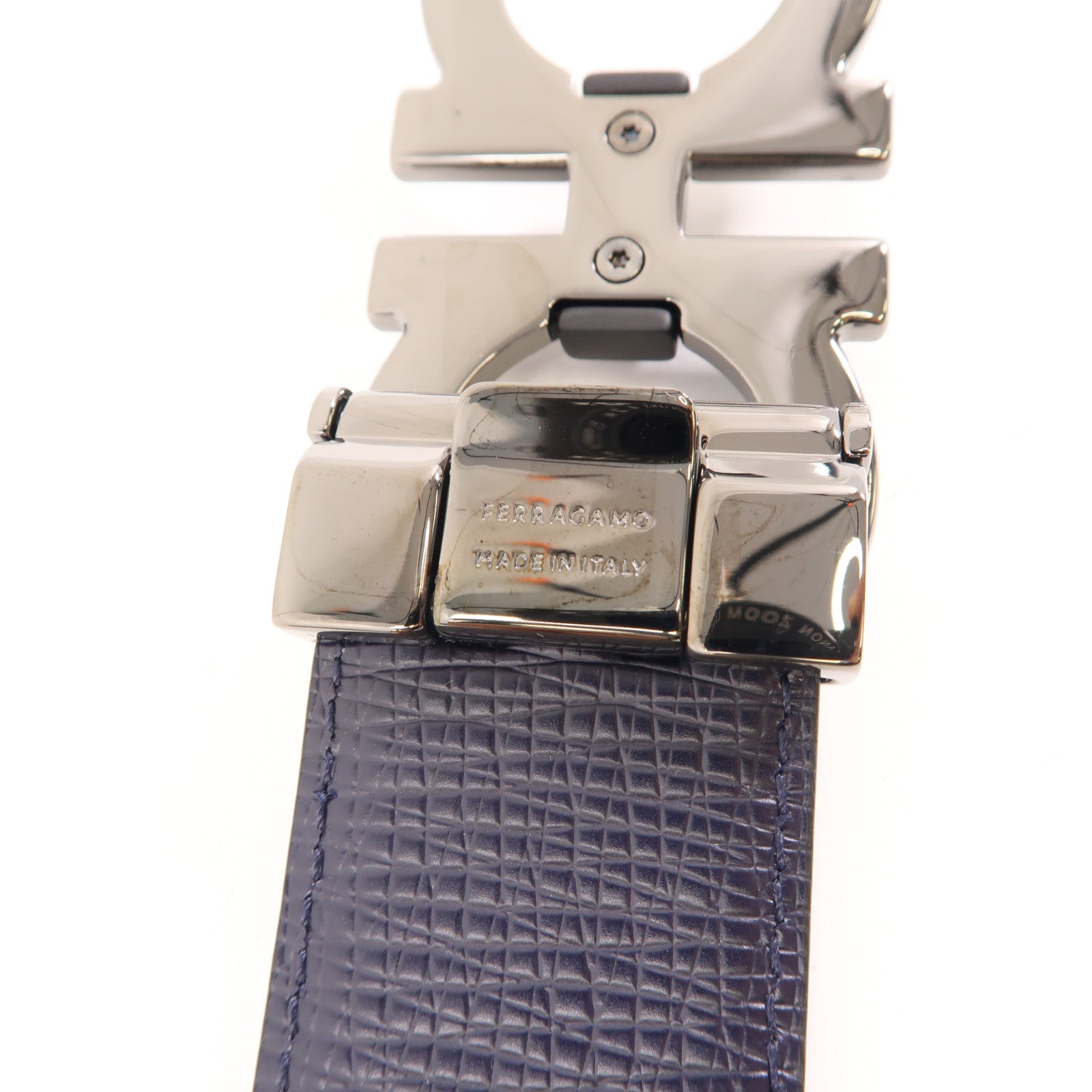 Salvatore Ferragamo 皮革Belt銀扣皮帶黑色/深藍色