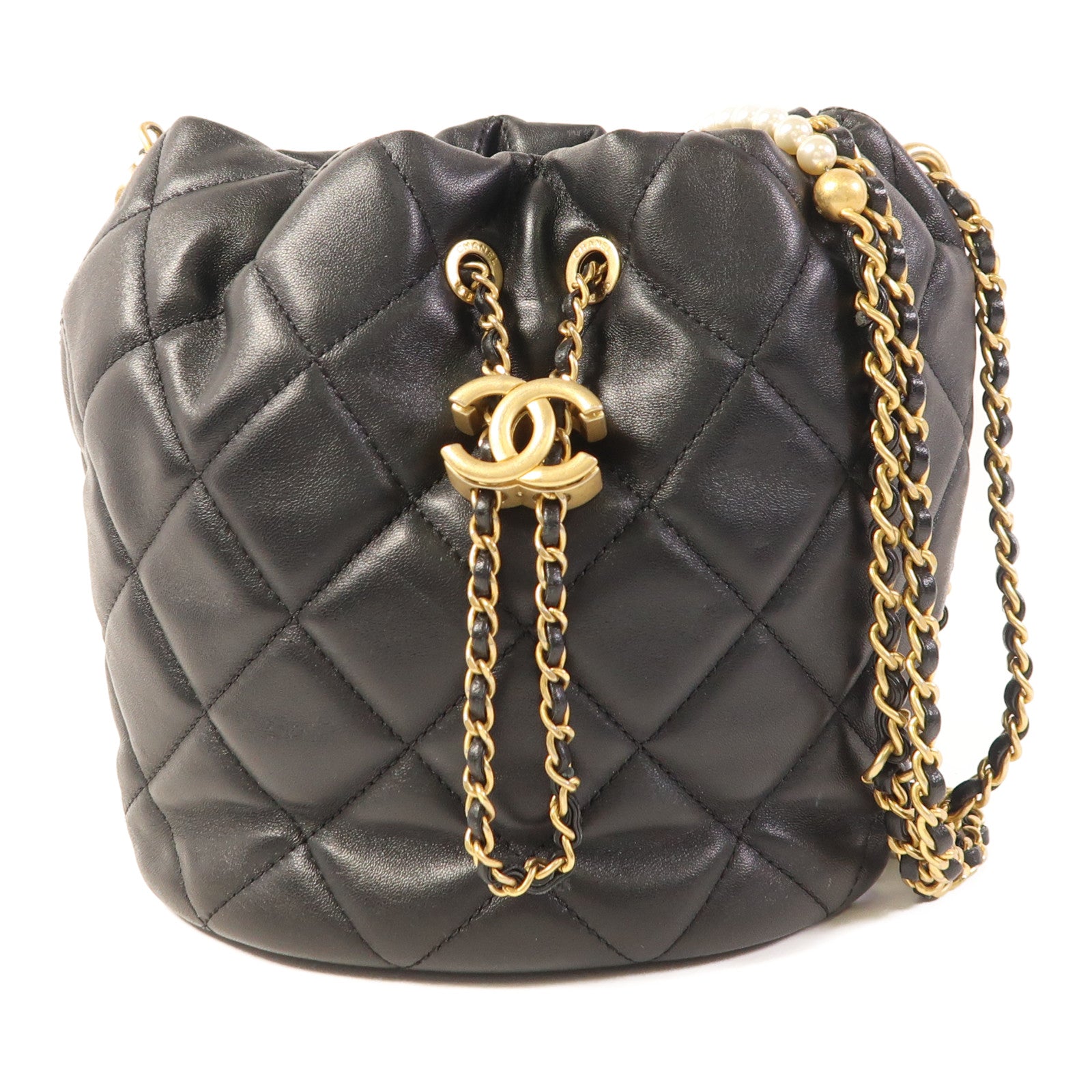 CHANEL 羊皮皮革Bucket Bag金扣鏈帶肩背袋
