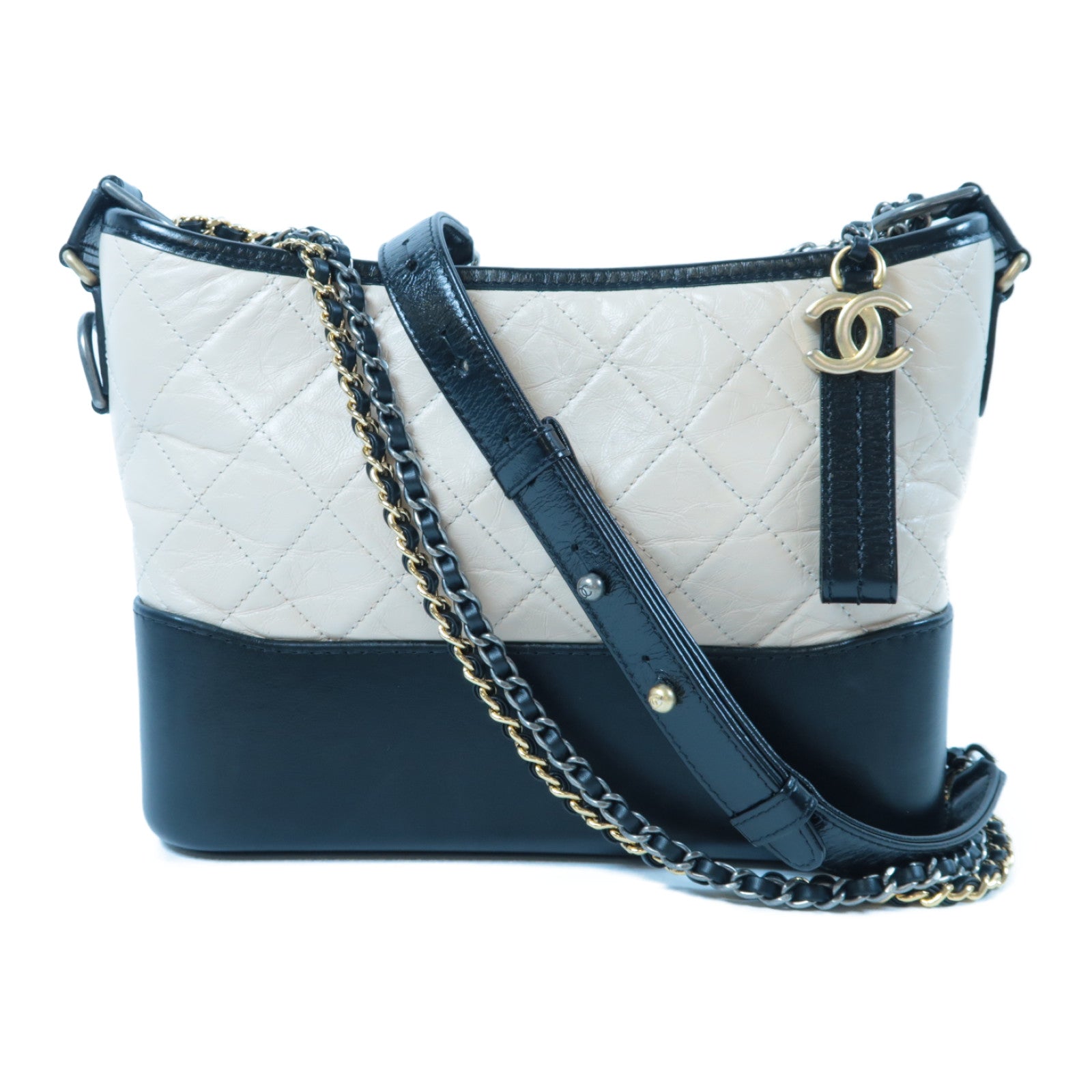 CHANEL 【激減優惠】菱格牛皮皮革Gabrielle鏈帶肩背袋米色/黑色