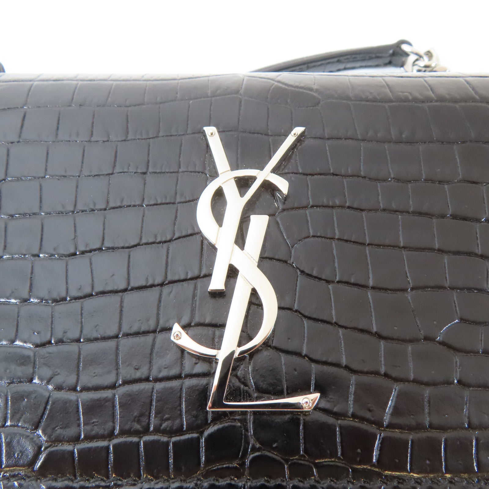 SAINT LAURENT 牛皮皮革Sunset Medium in Crocodile Embossed銀扣鏈帶肩背袋黑色