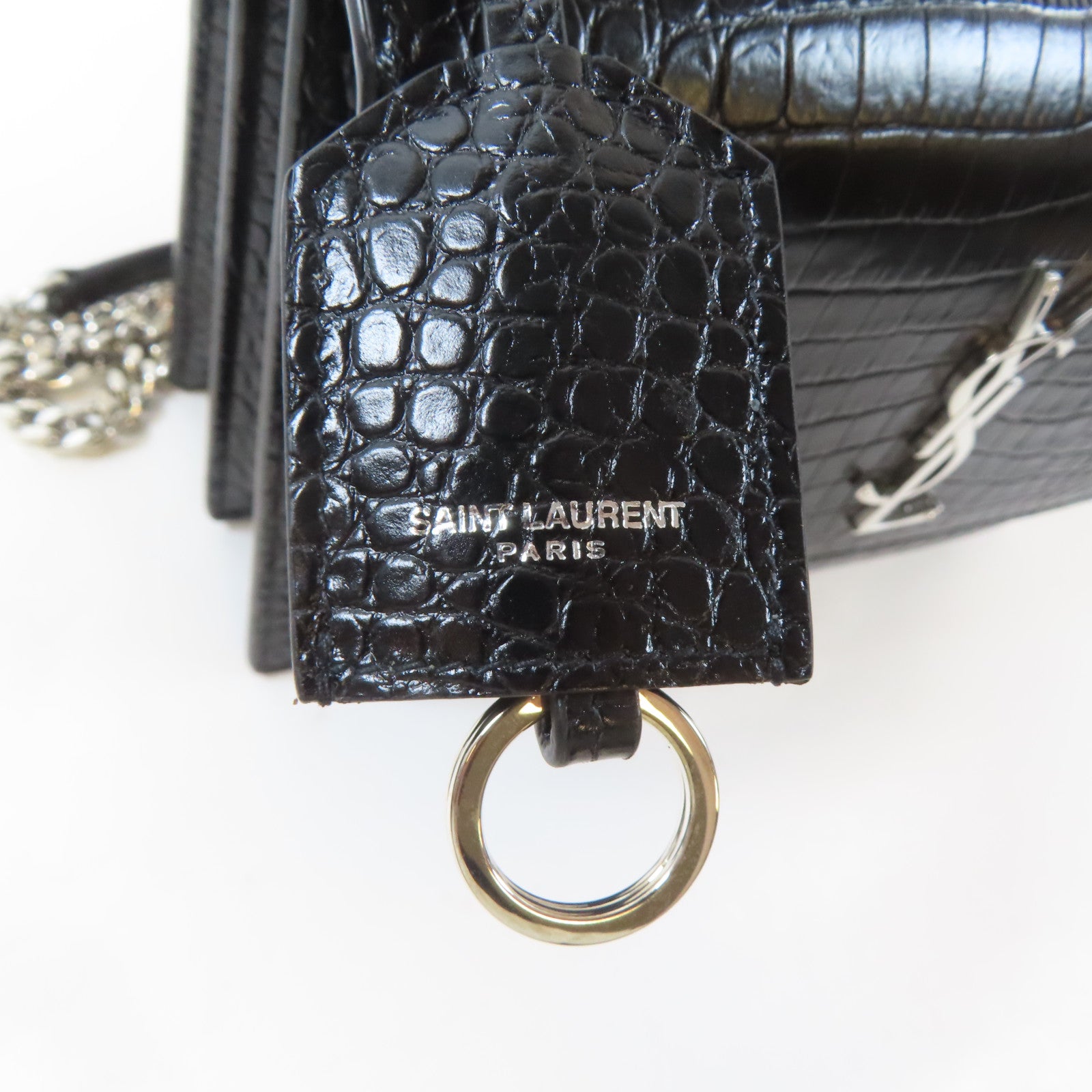 SAINT LAURENT 牛皮皮革Sunset Medium in Crocodile Embossed銀扣鏈帶肩背袋黑色