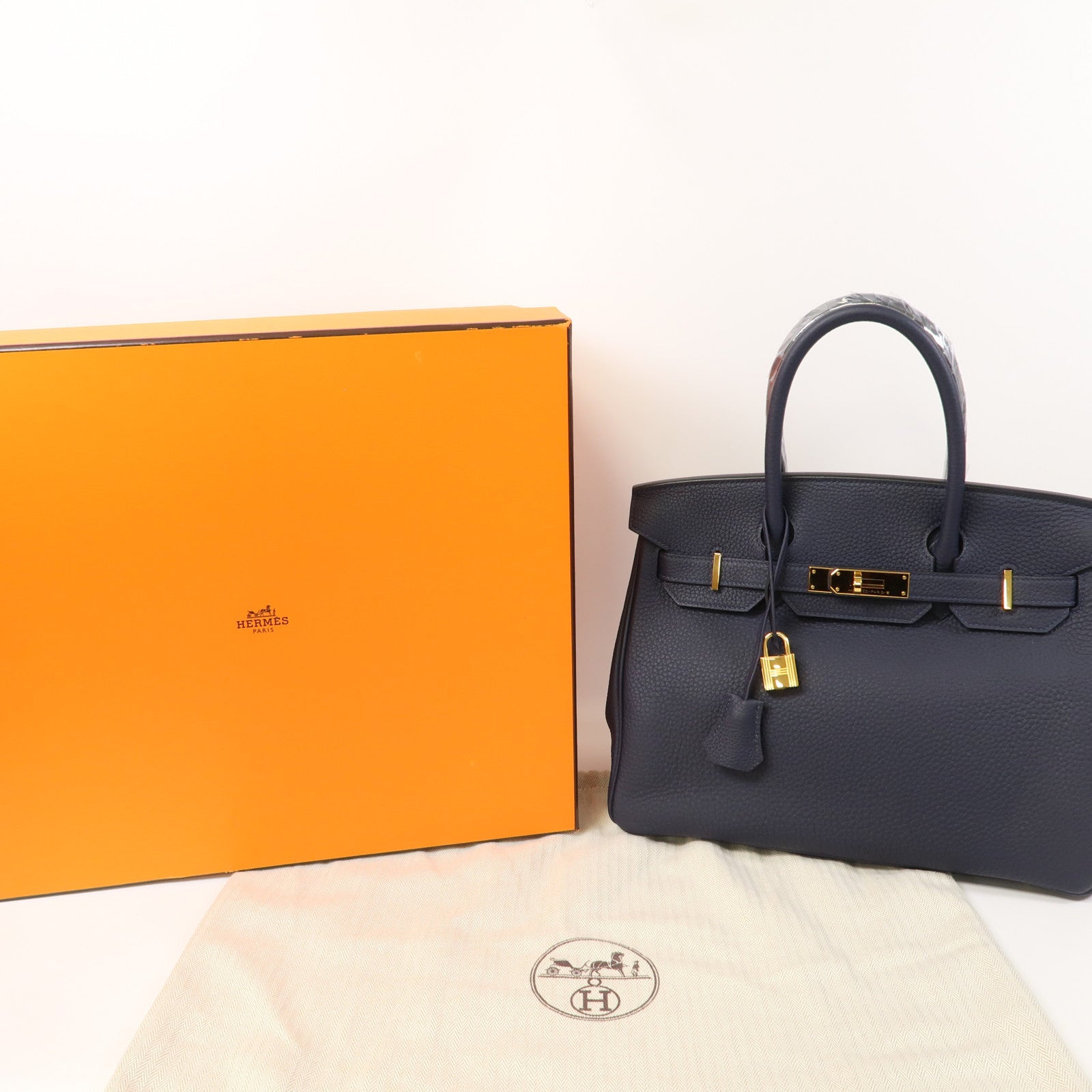 HERMES Clemence皮革Birkin 30金扣手挽袋Bleu Nuit午夜藍色