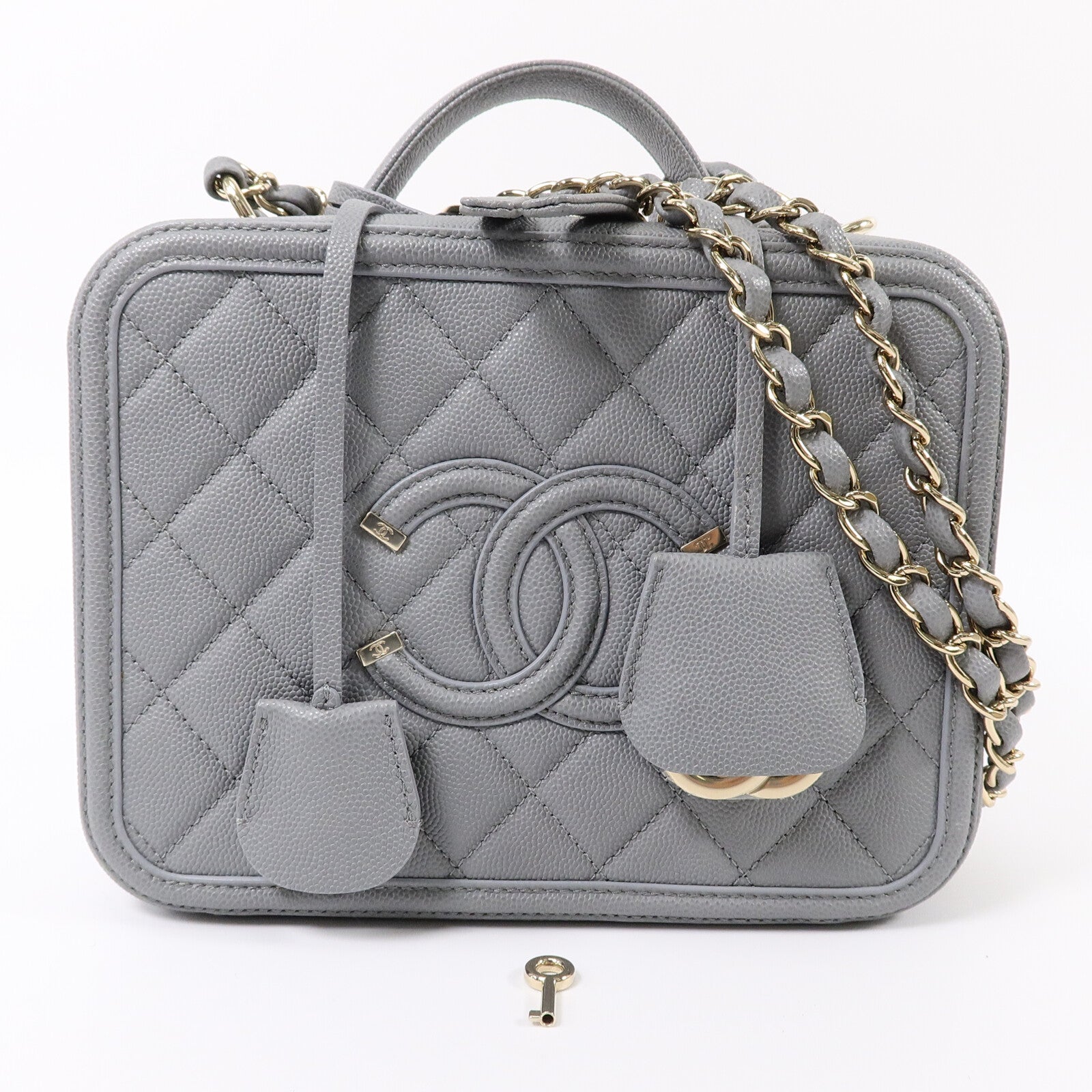 CHANEL 牛皮皮革CC Filigree Vanity Case Medium鏈帶手挽肩背兩用袋