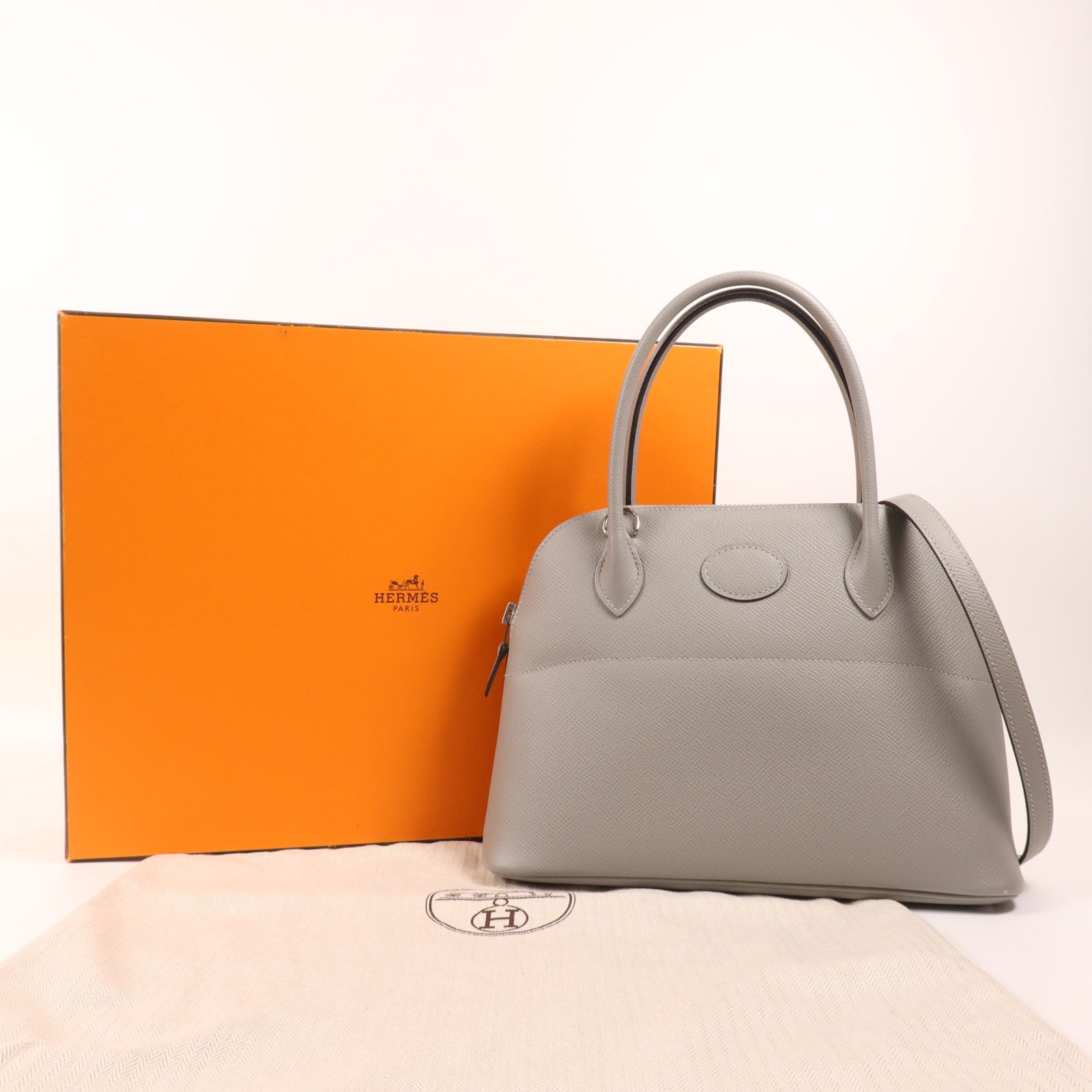 HERMES Epsom皮革Bolide 27銀扣手挽肩背兩用袋Gris Mouette