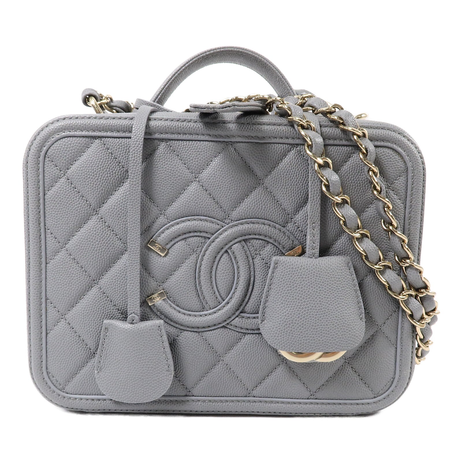 CHANEL 牛皮皮革CC Filigree Vanity Case Medium鏈帶手挽肩背兩用袋