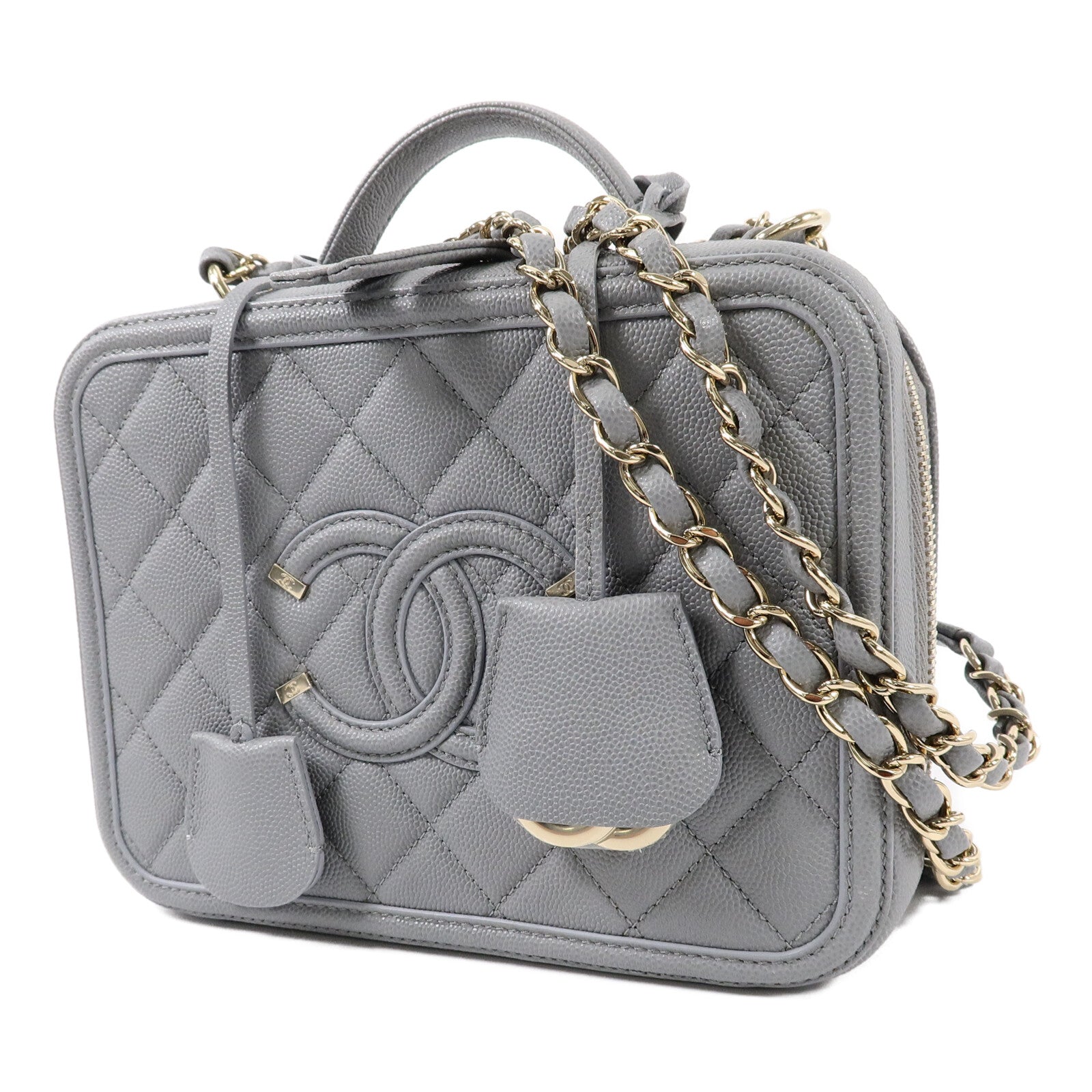 CHANEL 牛皮皮革CC Filigree Vanity Case Medium鏈帶手挽肩背兩用袋