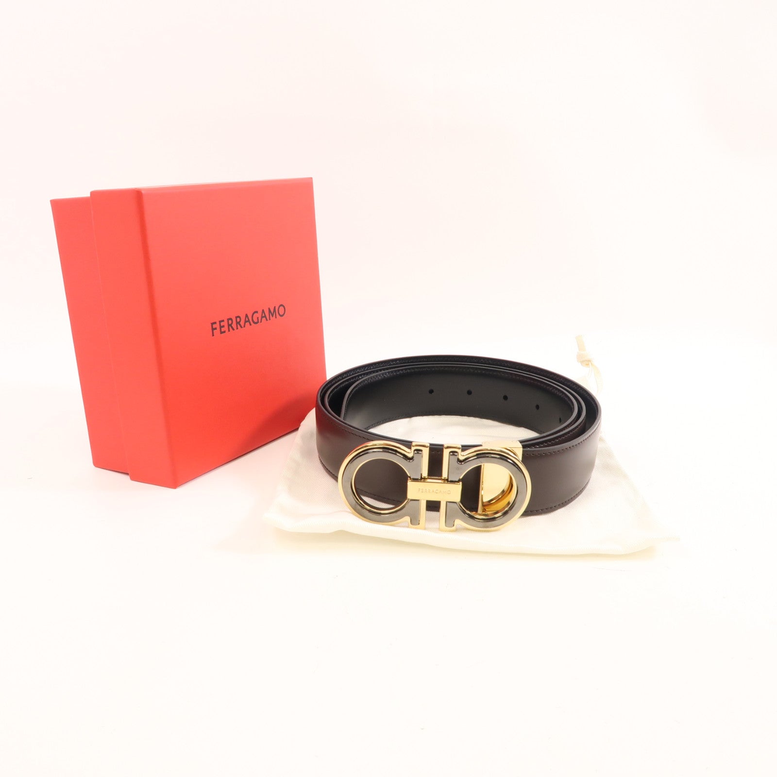 Salvatore Ferragamo 皮革Belt金扣皮帶啡色/黑色