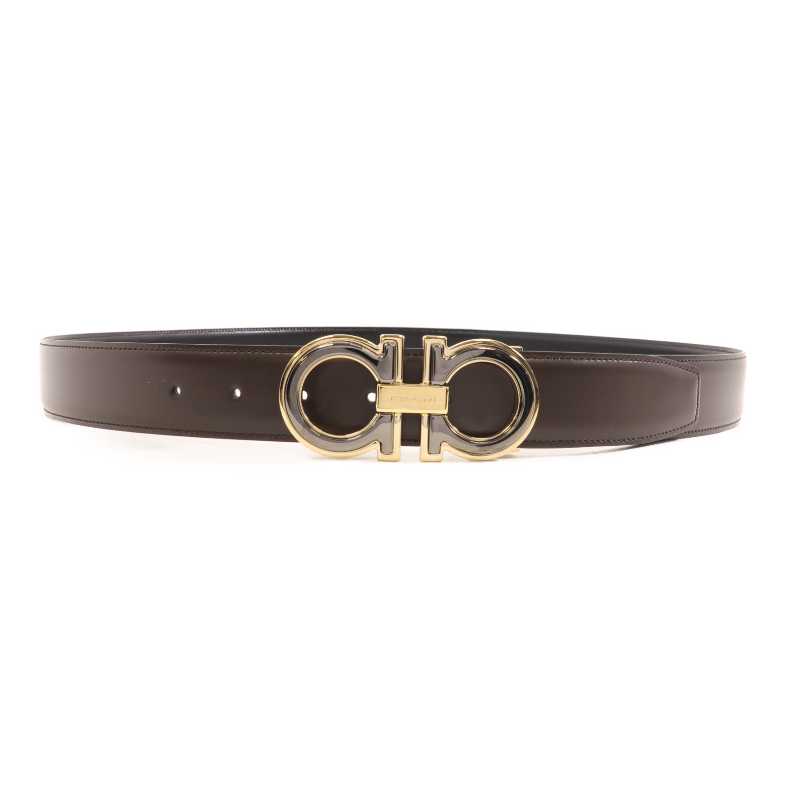 Salvatore Ferragamo 皮革Belt金扣皮帶啡色/黑色
