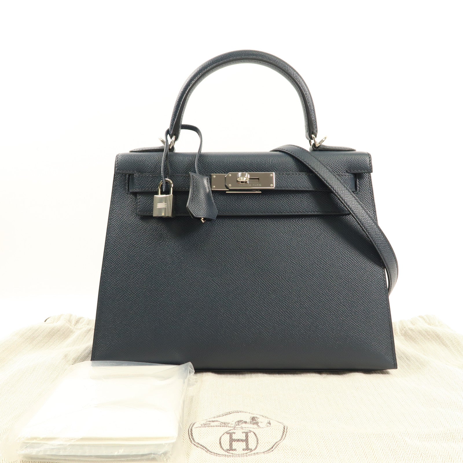 HERMES Epsom皮革Kelly 28銀扣手挽肩背兩用袋Bleu Indigo深藍色