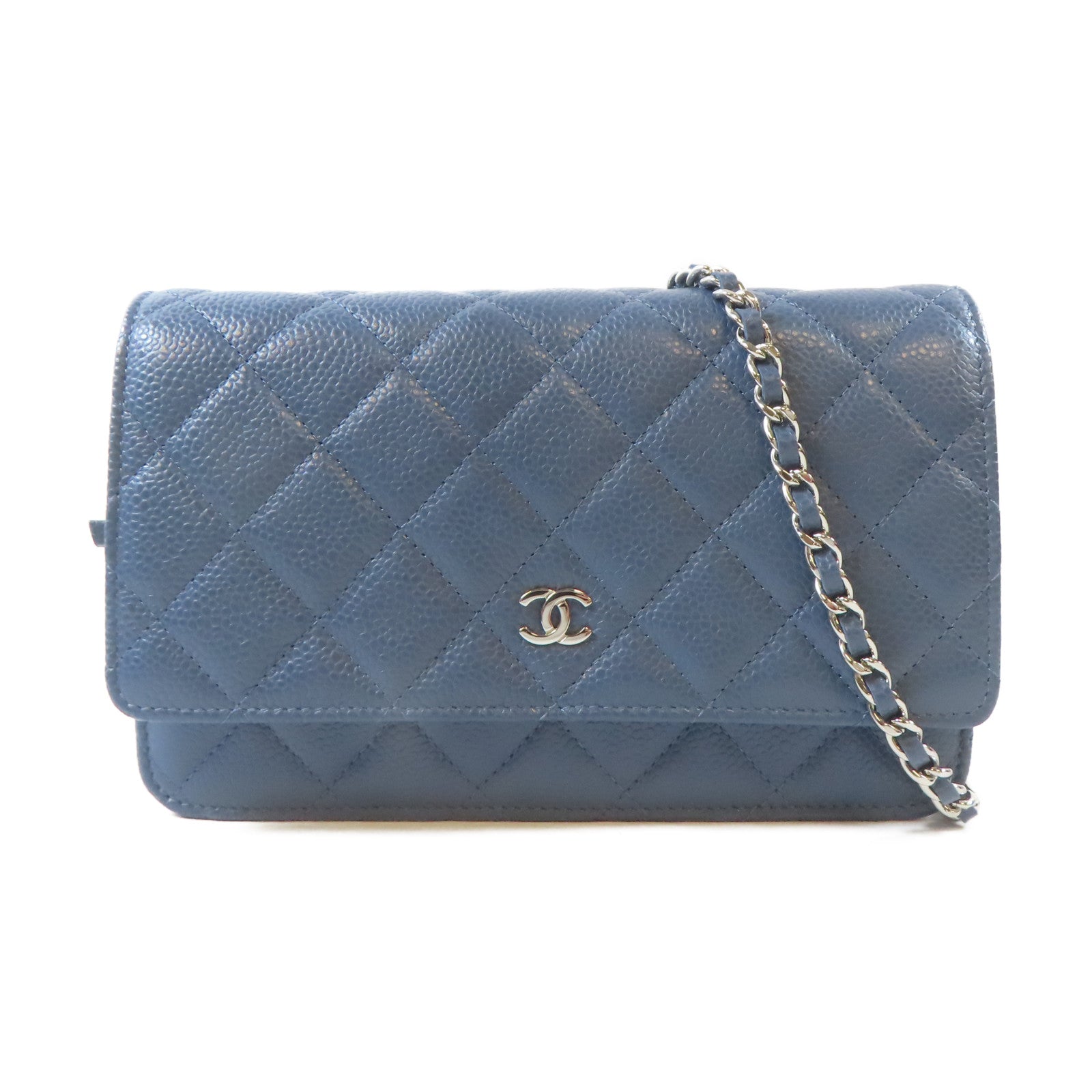 CHANEL 菱格Caviar皮革Wallet On Chain銀扣鏈帶肩背袋藍色