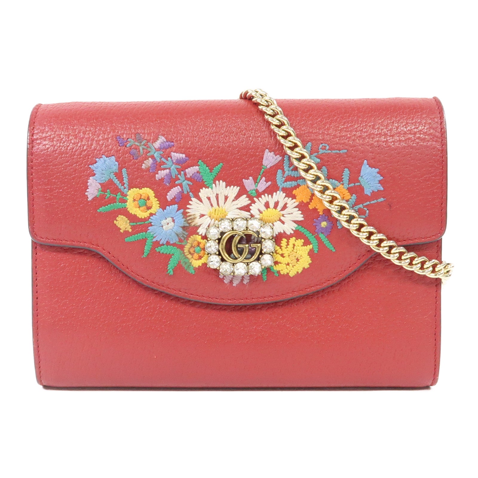 GUCCI 【激減優惠】牛皮皮革Embroidered Mini金扣鏈帶肩背袋紅色