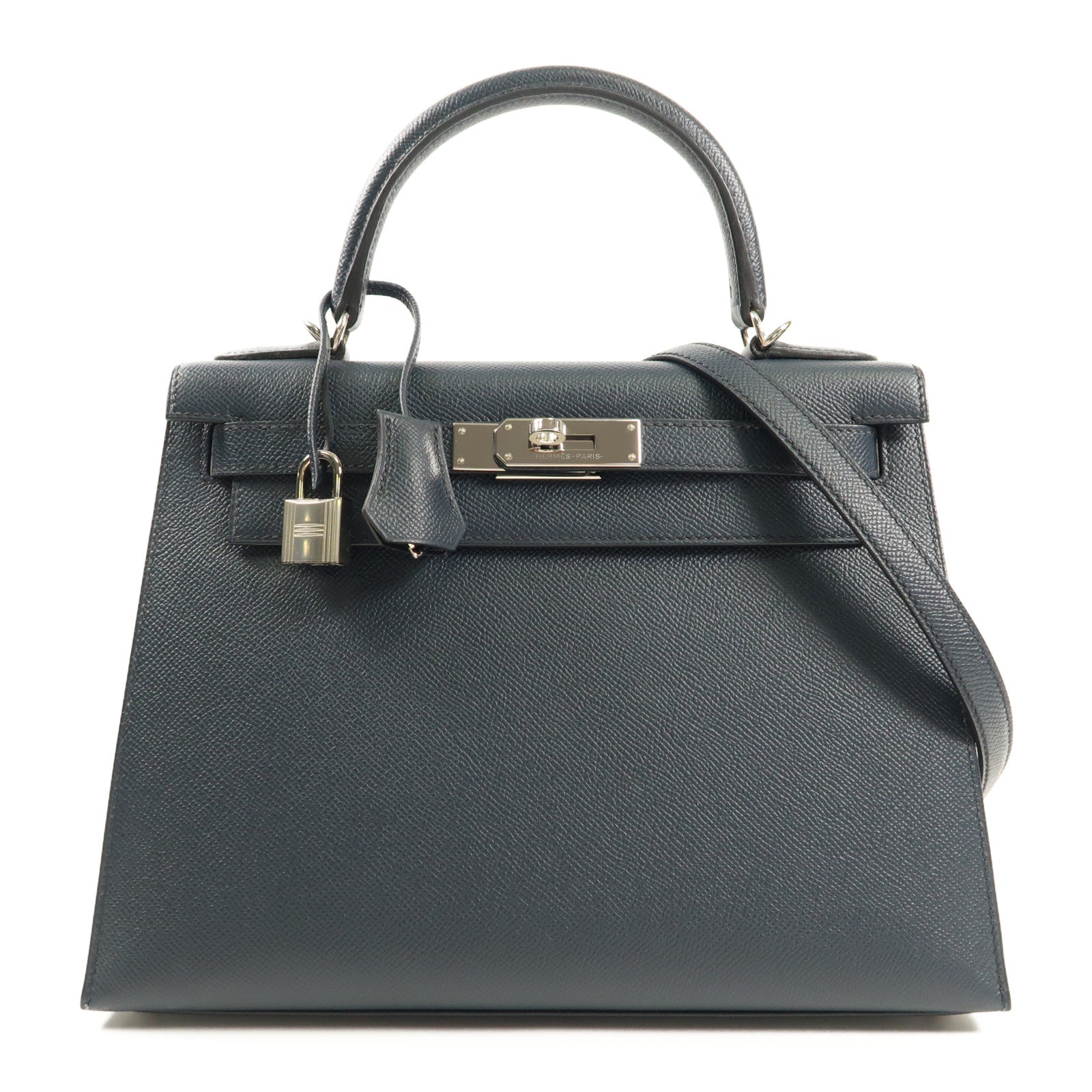 HERMES Epsom皮革Kelly 28銀扣手挽肩背兩用袋Bleu Indigo深藍色