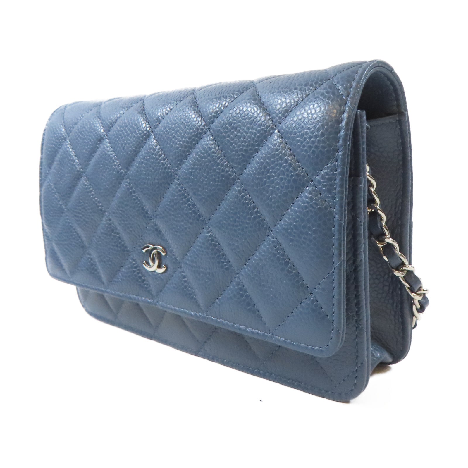 CHANEL 菱格Caviar皮革Wallet On Chain銀扣鏈帶肩背袋藍色