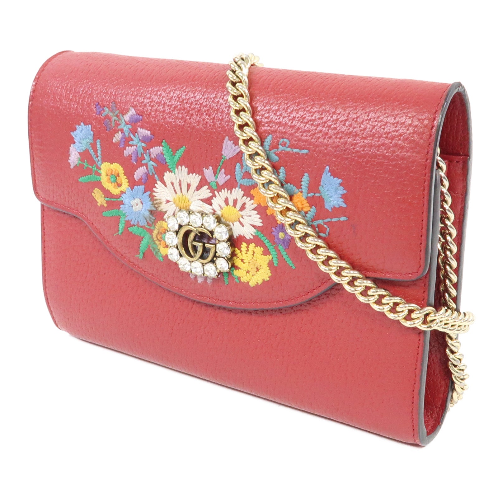 GUCCI 【激減優惠】牛皮皮革Embroidered Mini金扣鏈帶肩背袋紅色