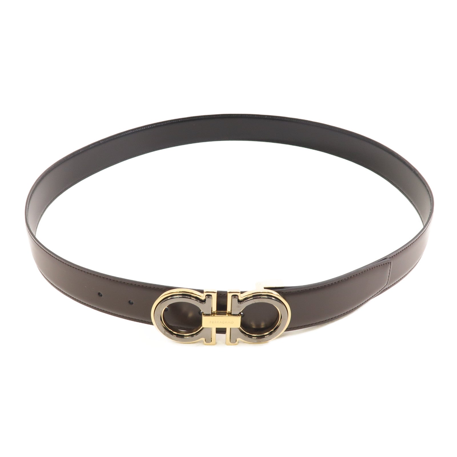 Salvatore Ferragamo 皮革Belt金扣皮帶啡色/黑色