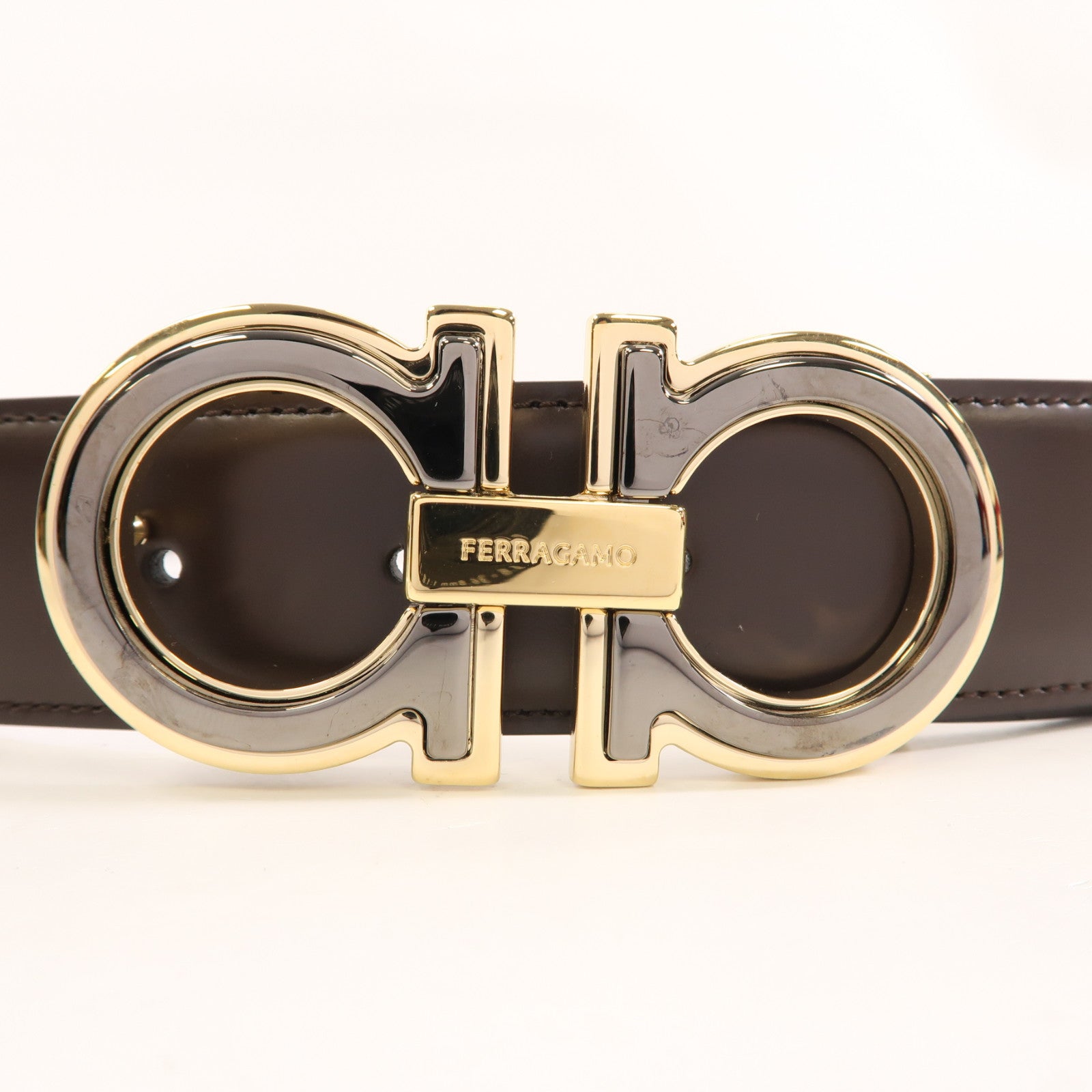 Salvatore Ferragamo 皮革Belt金扣皮帶啡色/黑色